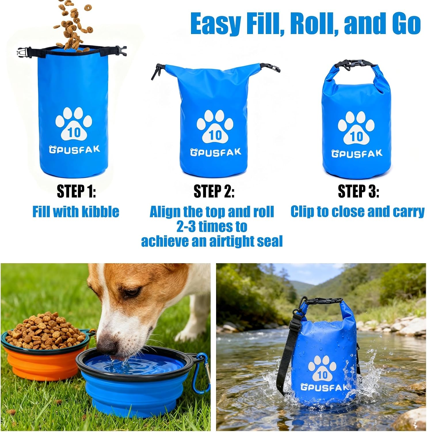 zip Roll Top Pet Food Storage Bag with Travel Bowl(64 Cup) - Dog Food Travel Bag Waterproof Kibble Container for Camping Road Trips Dog Boarding Weekend Getaways Machine Washable 10L Blue