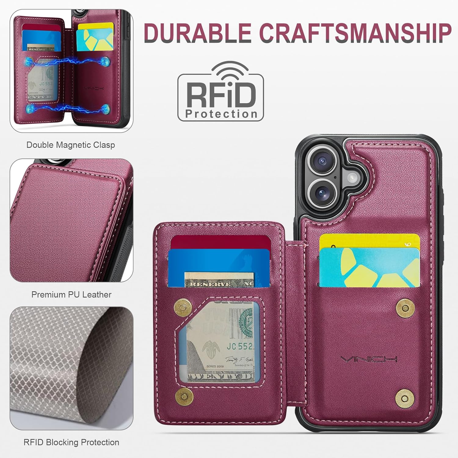Vinich for iPhone 17 Wallet Case with Card Holder, RFID Blocking Credit Slots Kickstand Shockproof Phone Cover Fit for iPhone 17 6.3 Wine Red