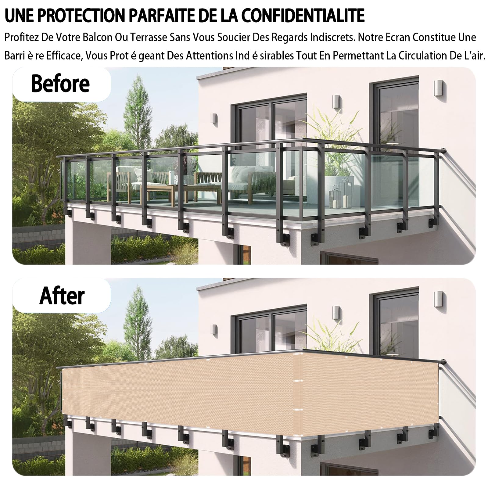 Copri Ringhiera Balcone 50 x 120 cm Ombreggiante, Protezione Solare e Traspirabilità, Recinzione Copri Ringhiera Balcone con Fascette e Funi per Giardino Terrazza, Color Crema