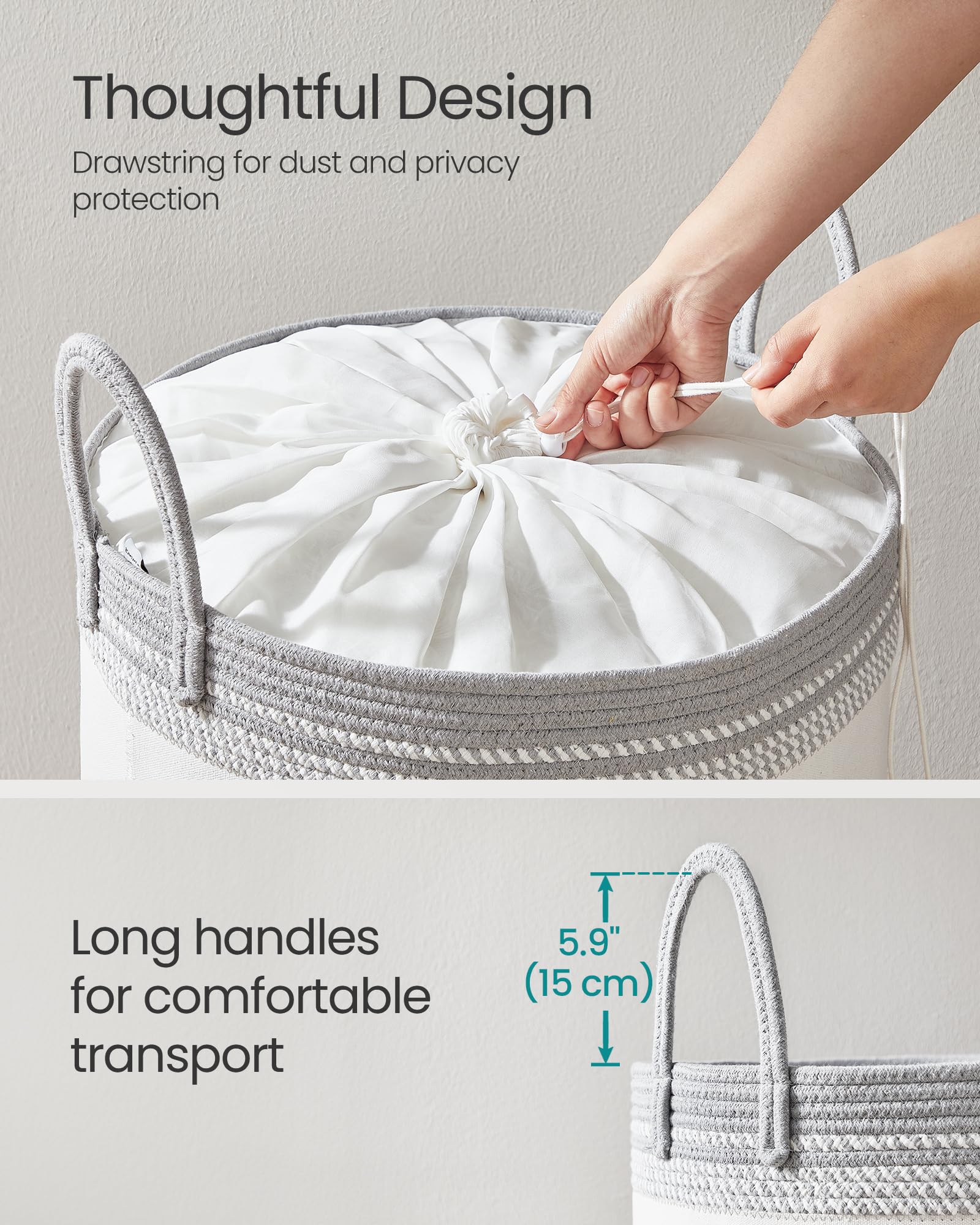 SONGMICS Laundry Basket, Laundry Hamper, Cotton Rope Storage Basket with Handles, for Blankets Living Room, Bedroom, 90 L - Image 4