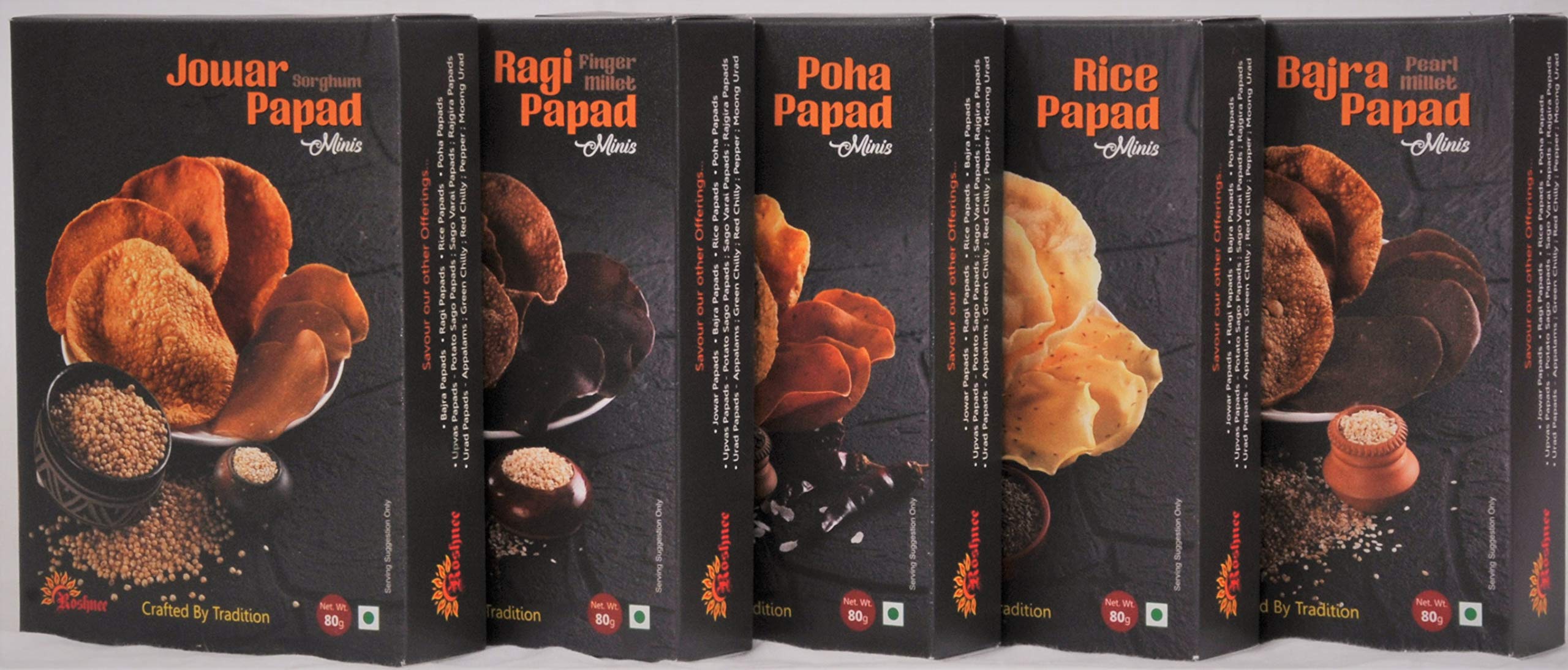 Roshnee 5 Papad Combo Pack - Millet and Rice grain papads. 5 Tasty, Wholesome grain Papads - Jowar, Bajra, Ragi, Rice Jeera and Poha Papads | 5 packs x 80 gm - 400 gm | No artificial Flavours OR preservatives OR Colors | Gluten Free| (B08KXW6FPP) Amazon Price History, Amazon Price Tracker