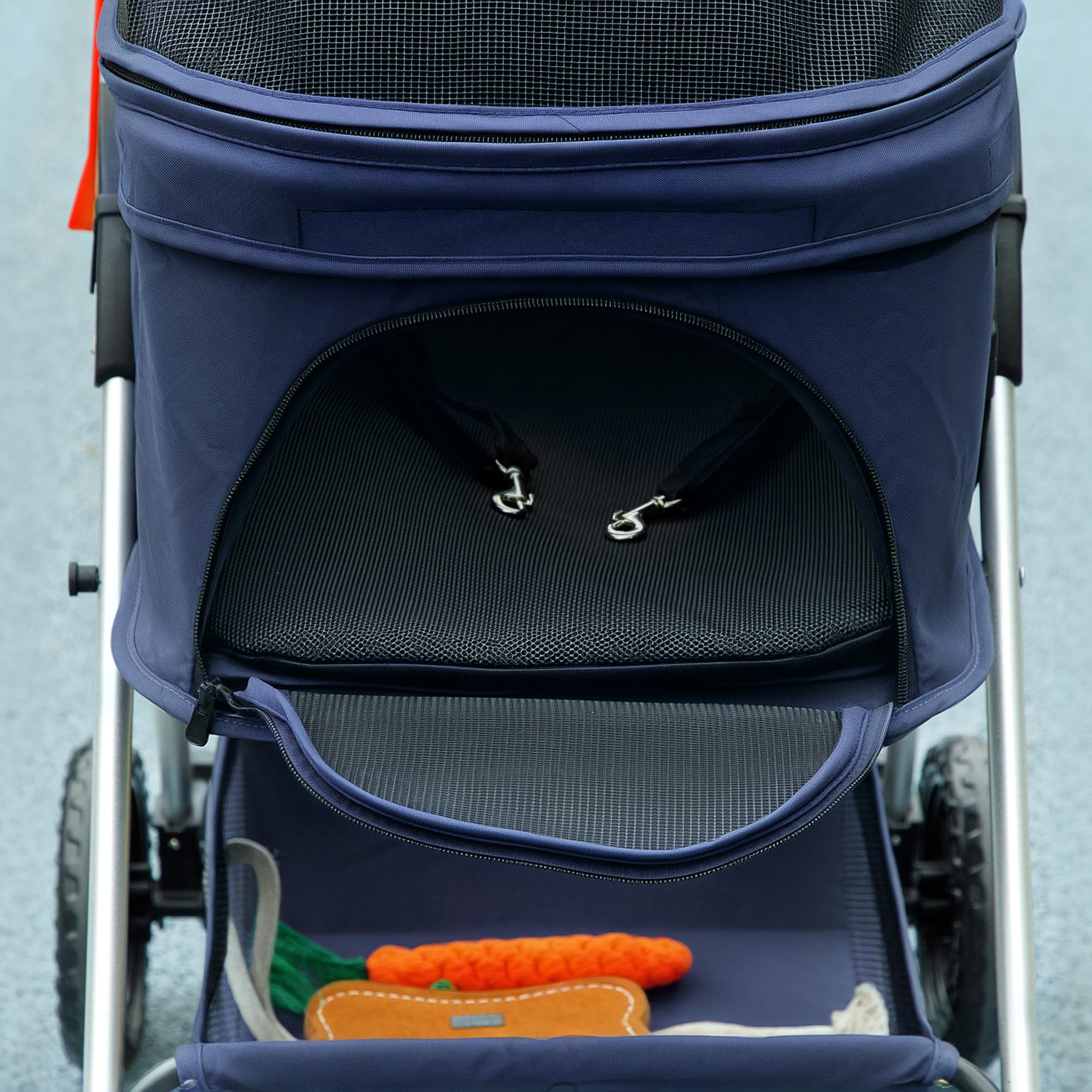 PawHut Carrito para Perros Plegable 3 en 1 Cochecito para Mascotas Carrito para Perros Miniatura con Cesta de Almacenaje Ventana de Malla Portavasos y 2 Ruedas Universales 76x50x102 cm Azul Oscuro