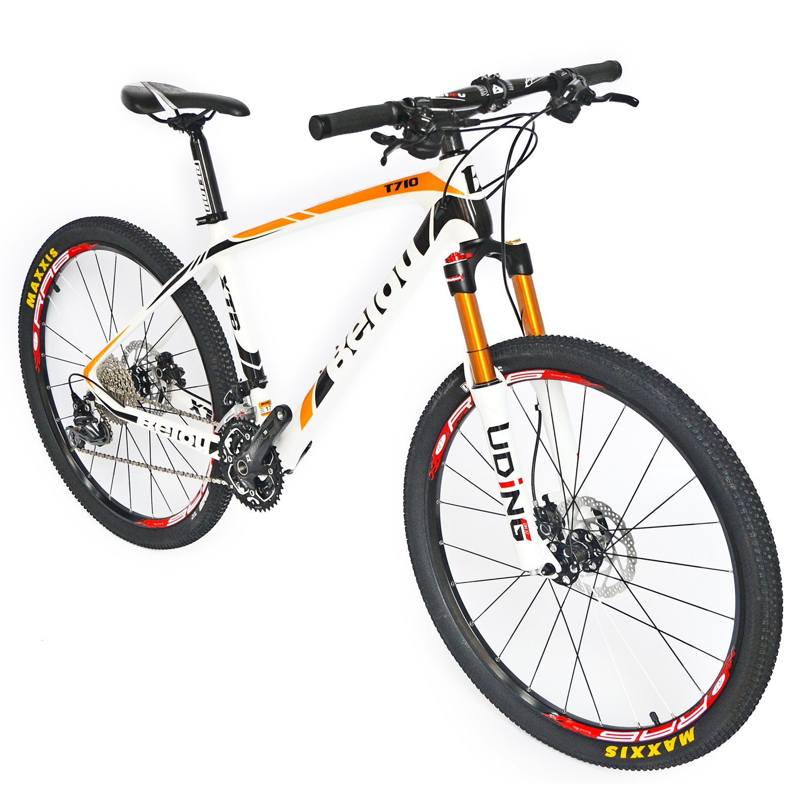 mountain bike a telaio rigido, in fibra di carbonio, Shimano Deore M610, 30 velocità, ultraleggera (10,65 kg), ruote RT da 66,04 cm, passaggio cavi interno professionale Toray T800, mozzi in carbonio lucido CB018, Donna, BO-CB018, White Orange, 17-Inch