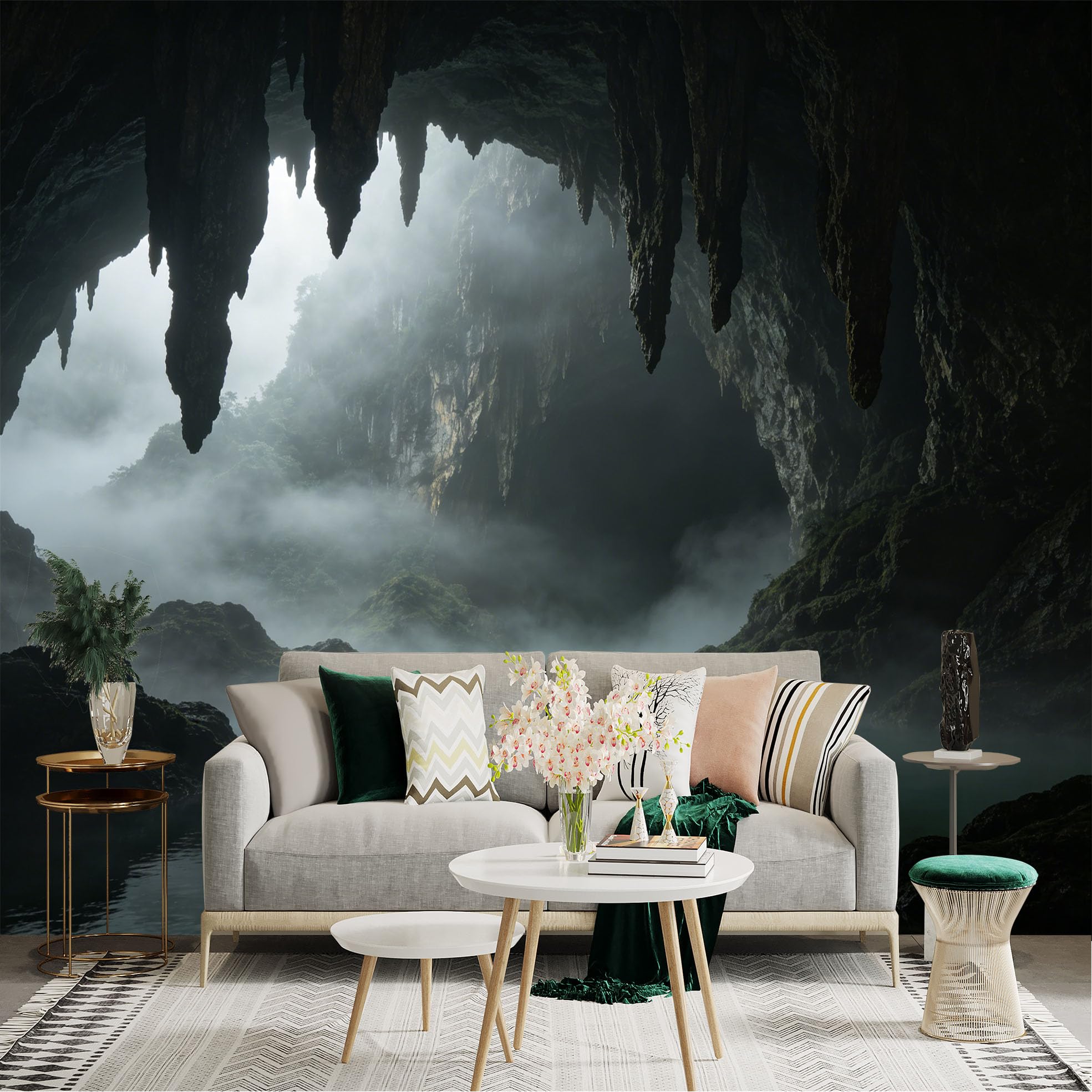 Lnzczhyre Dbh260521021 Custom Size Wall Sticker Mural， Mysterious Limestone Cave， Foggy Underground Lake， Stunning Nature Landscape， Serene Water Reflection， For Wall Decoration， Peelandstick Wall Decals.