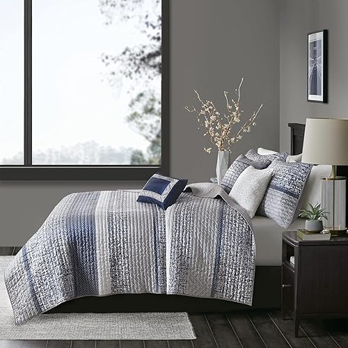 Miniatura 13 de Madison Park Juego de edredón Queen de jacquard lustroso y purpurina, conjunto de cubrecama para cama tamaño Queen  para todas las estaciones, juego