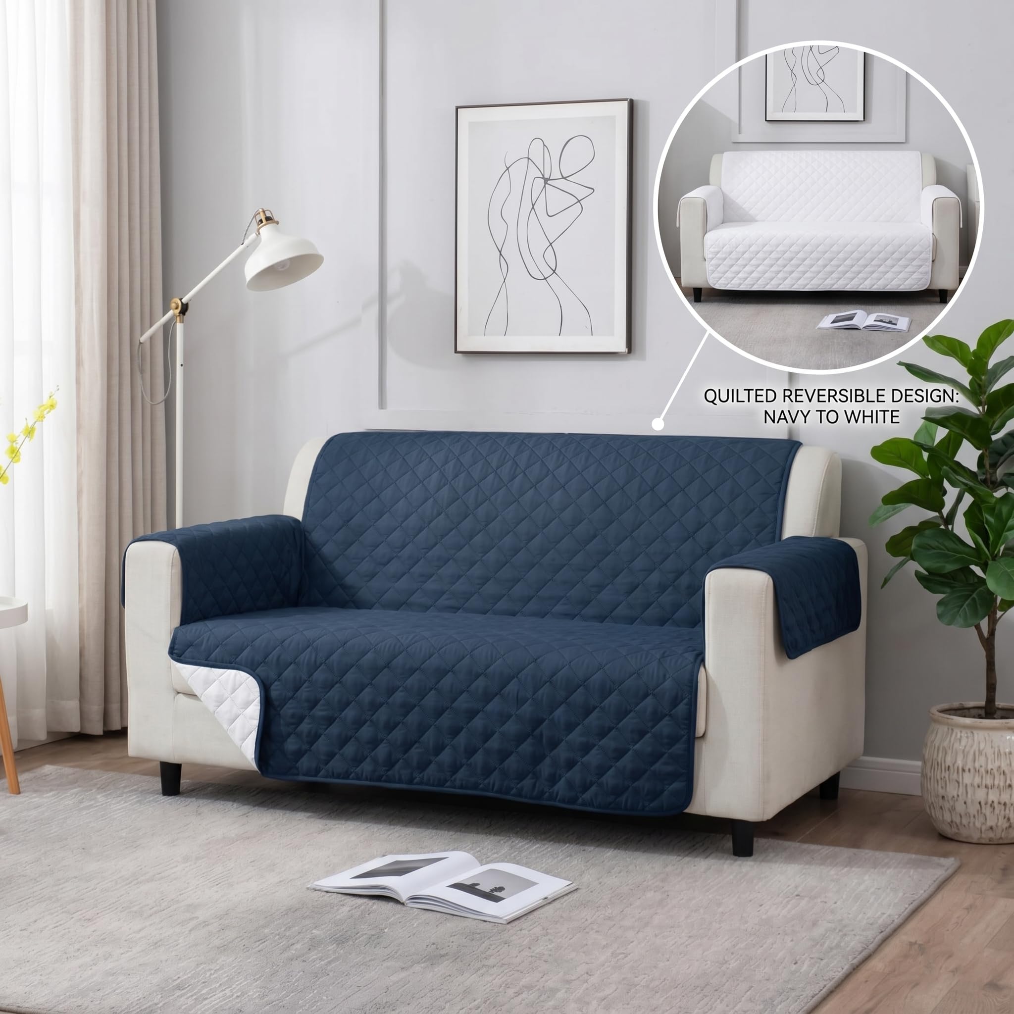 Stylish Reversible Sofa Cover - 3 Seater, Navy Blue -2