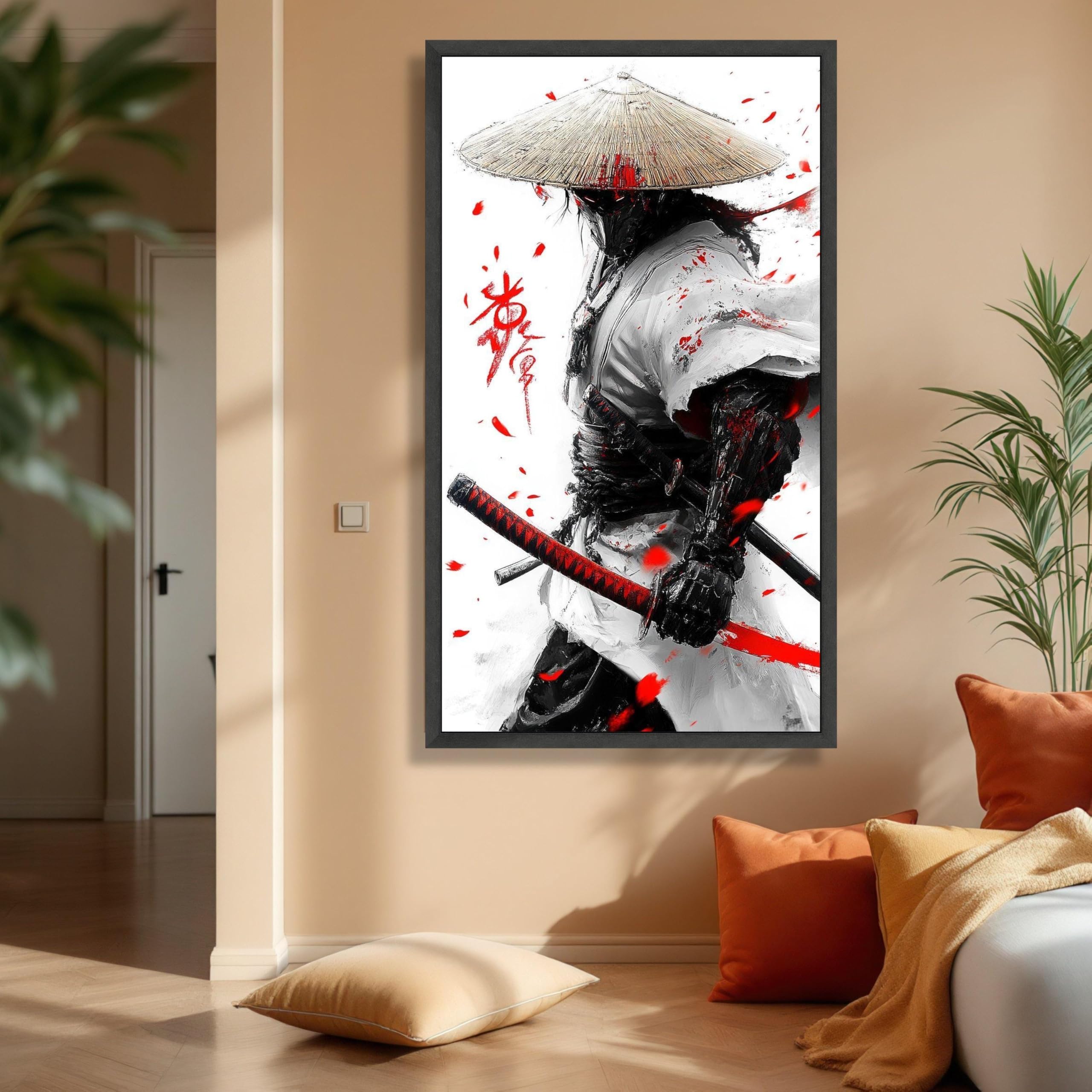TONGYINLI Abstrakcyjny obraz samurajski na płótnie, czarno-biały miecz katana, plakaty i druki do salonu, dekoracja ścienna do domu (30 x 50 cm, rama wewnętrzna)