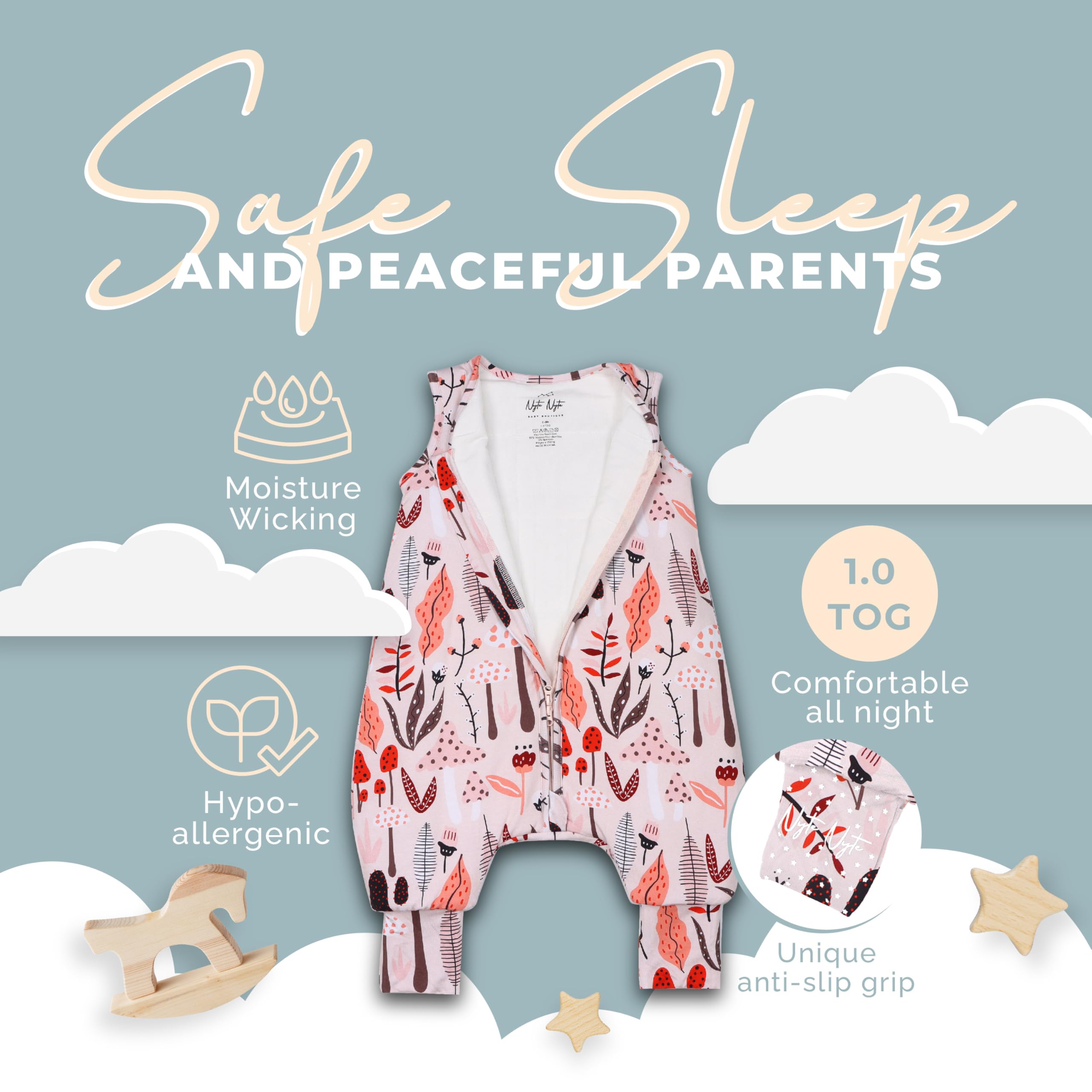 Nyte Nyte Baby - 1.-TOG Truffle, 12 to 18 Months, Sleeveless Sleep Sack, Soft Baby & Toddler Sleeping Sack, Breathable Sleep Sack with Adjustable Feet Cuffs & Anti-Slip Grip