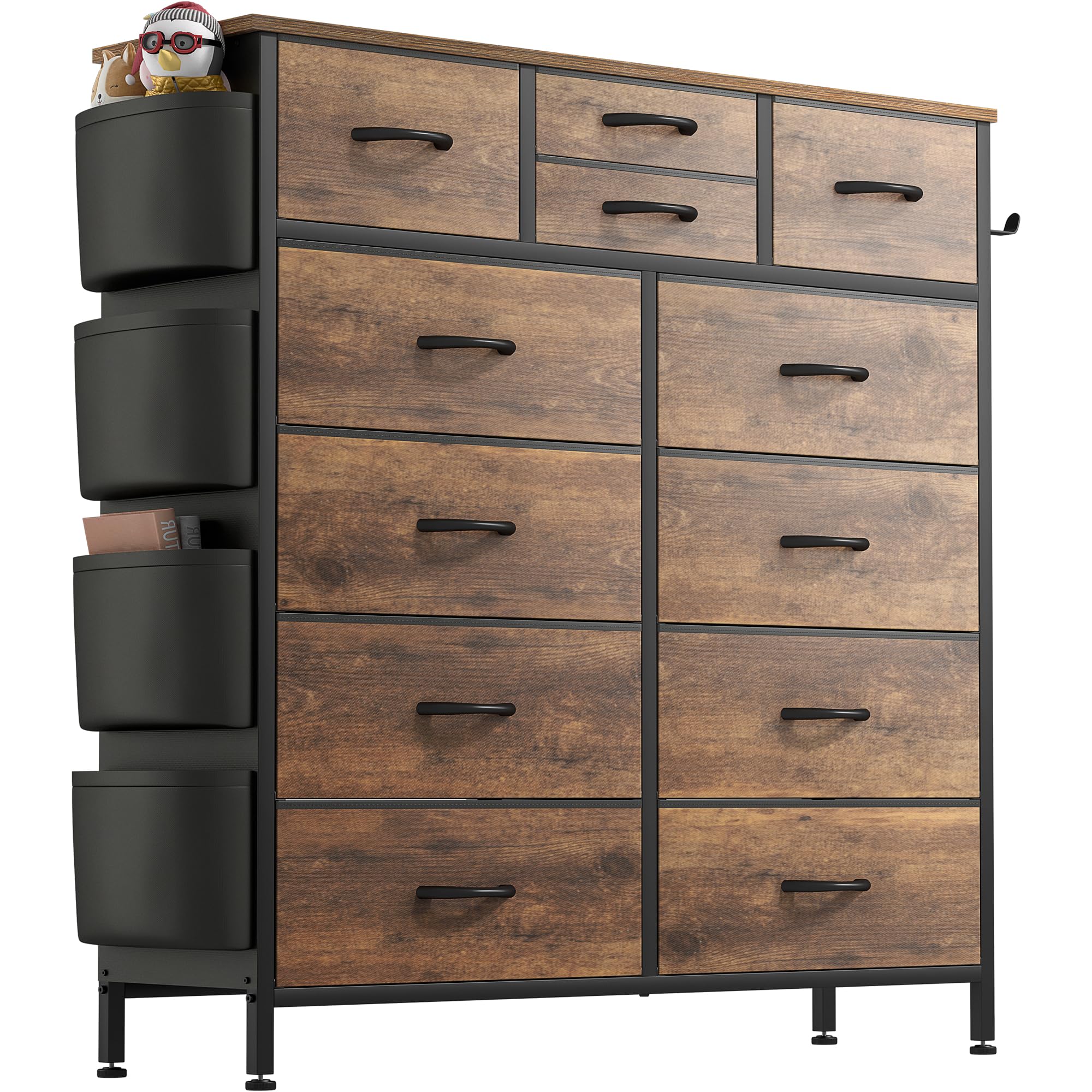 Buluri Chest of Drawers Bedroom, 12 Fabric Drawers Dresser with Side Pockets and Hooks, Wooden Top and Metal Frame, Tall Drawers for Closet, Living room, Kids Room (Rustic Brown)