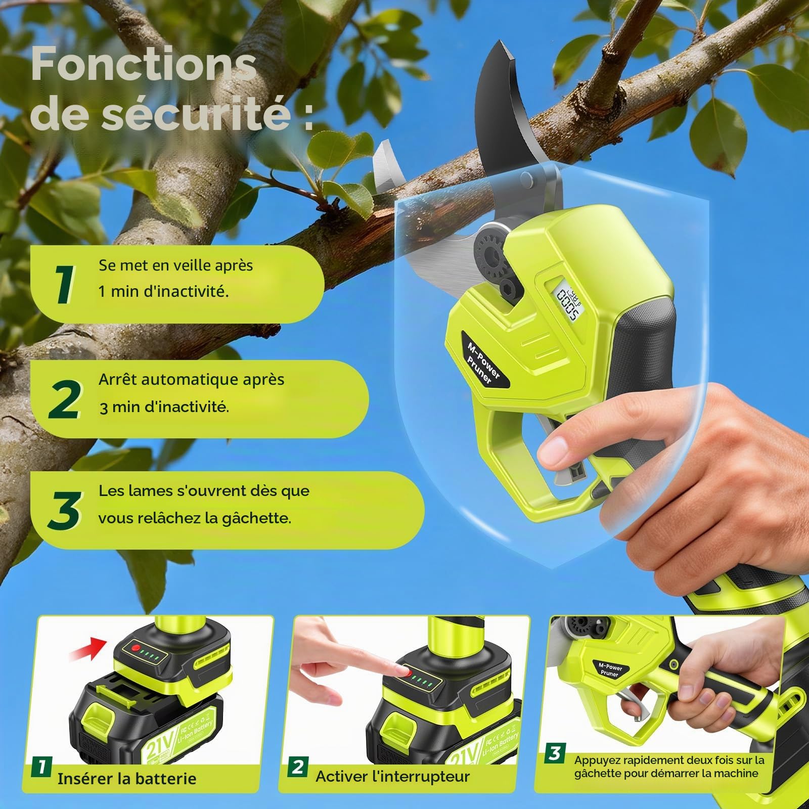 Sécateur Électrique Sans Fil, Ouverture de lame 70 mm & Capacité de coupe 50-60mm, 1200W Secateur Electrique Professionnel avec 4 Niveaux, Écran, 4000mAh Batterie & Lame SK7 tranchante pour Arbres