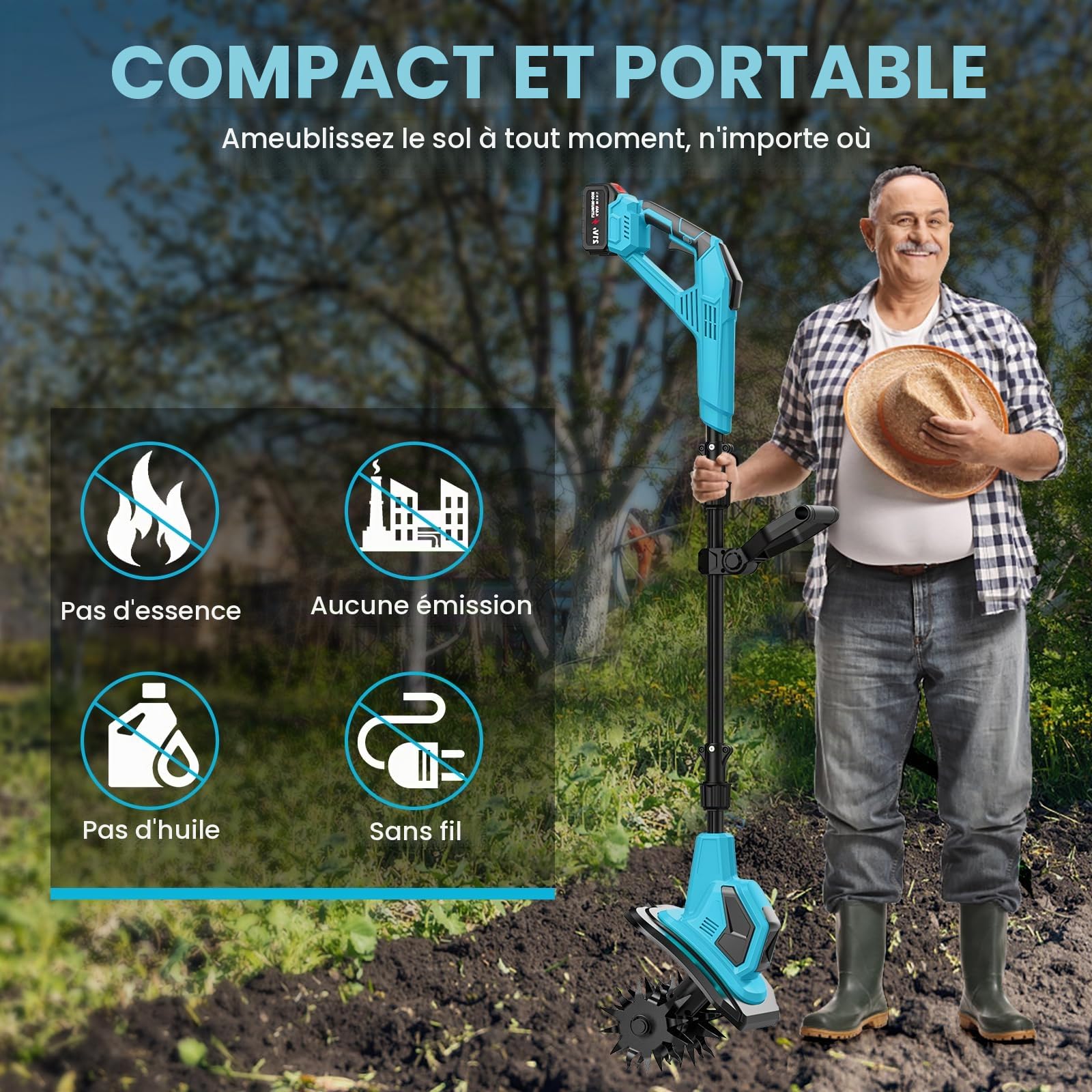 Motobineuse Electrique 21V, Motoculteur sans Fil 600 W avec 2 x 4,0 Ah Batteries, Largeur de Travail 17 cm, Profondeur de Travail 24 cm, 360 TR/Min, Motobineuse Électrique pour Le Jardin et la Cour
