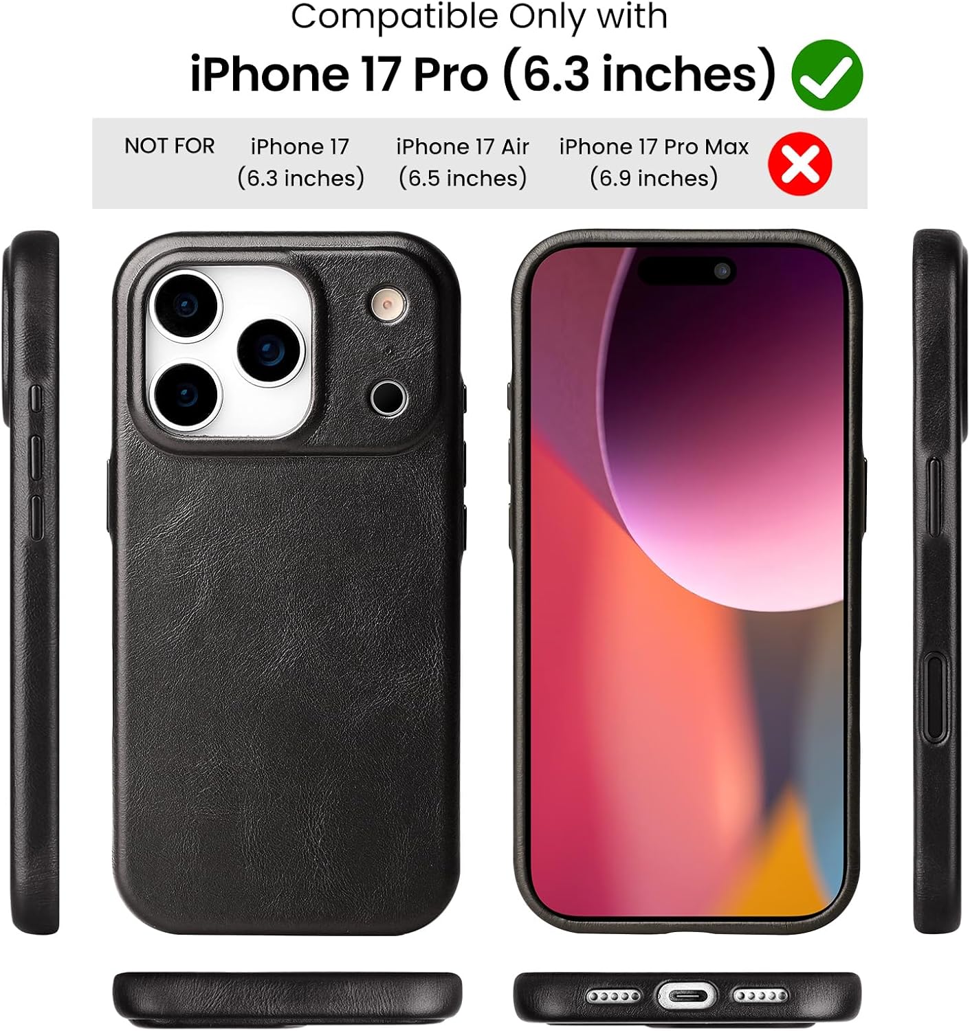 LUCKYCOIN Premium Handcrafted 100% Full-Grain Cowhide Leather Phone Case for iPhone 17 Pro [ Built-in Metal Camera Control Button ] [ Compatible with MagSafe ] Leather Protected Camera Module - Black