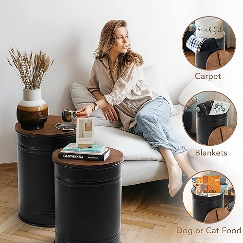 Miniatura 5 de RUSTOWN Mesa auxiliar decorativa de granja, taburete otomano de almacenamiento rústico, caja de mesa auxiliar de metal antiguo galvanizado con tapa