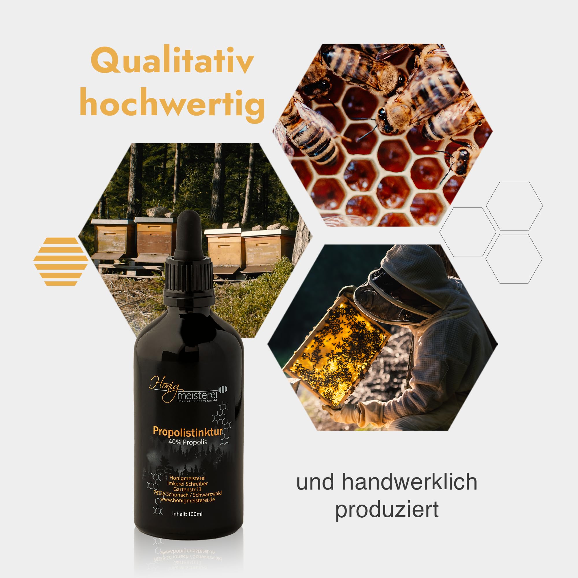 Honigmeisterei Propolis Tinktur 100ml mit 40% natürlichem Propolis, hochdosiert aus Schwarzwälder Imkerei, Tropfen ohne Zusatzstoffe, für die innere oder äußere Anwendung