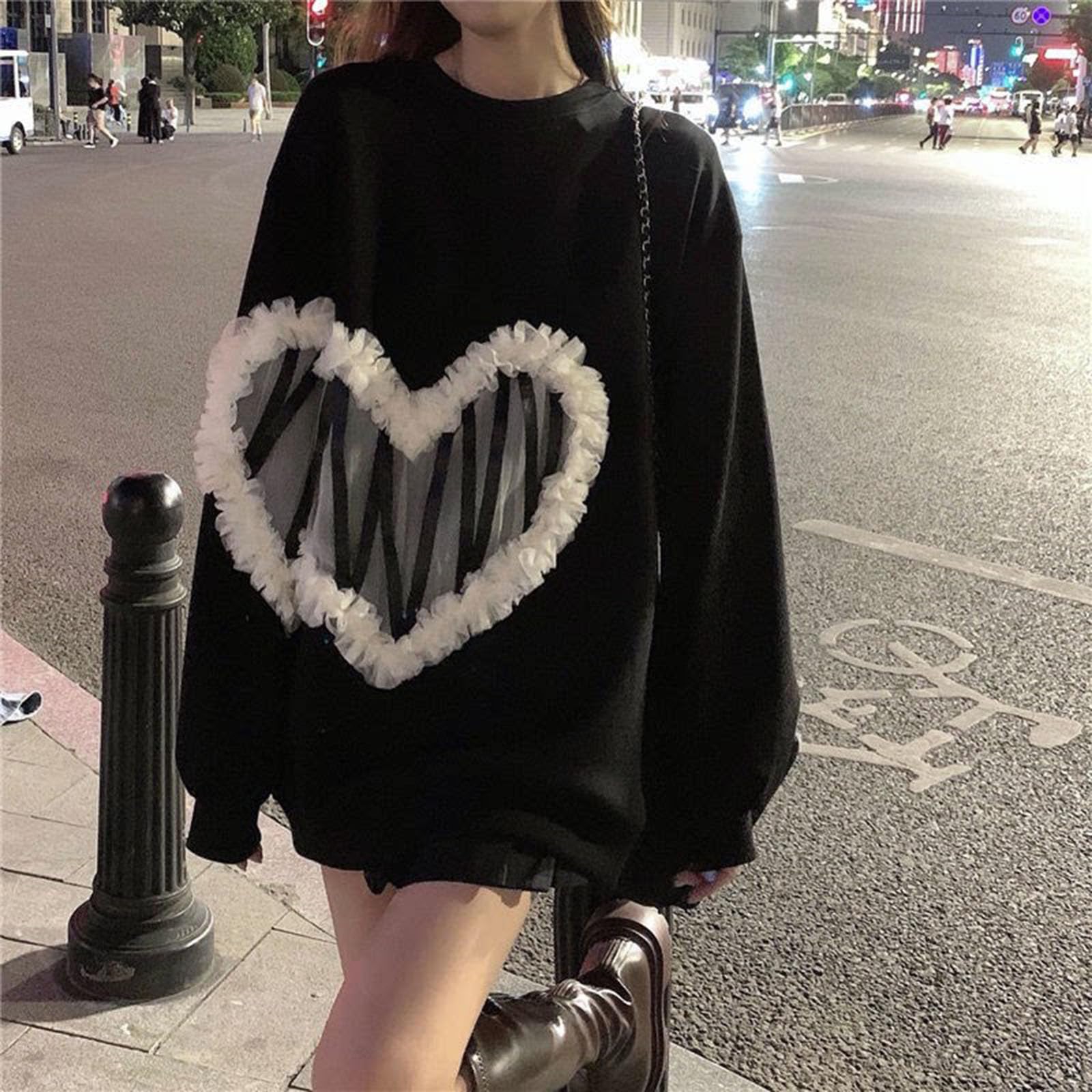 Felpa Oversize da Donna con Girocollo, Motivo a Cuore, Manica Lunga, Top Casual