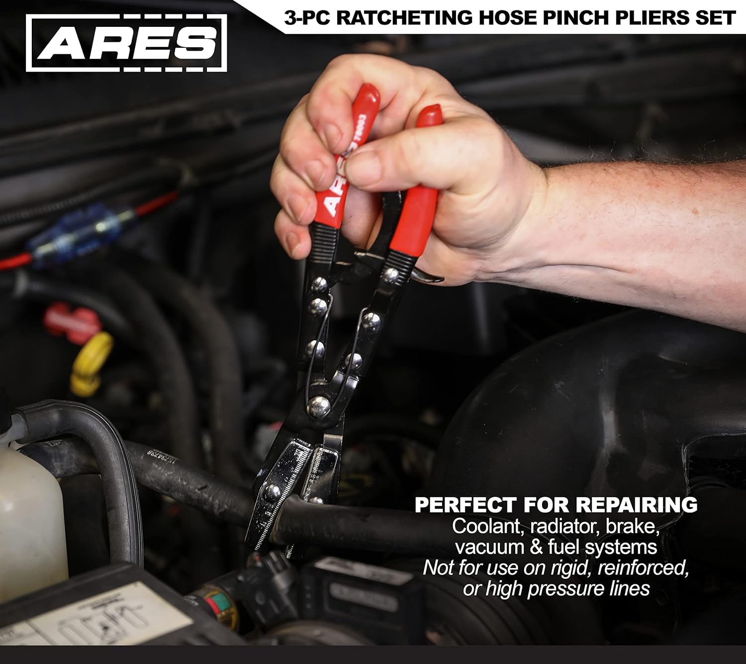 ARES 71021-3-Piece Ratcheting Hose Pinch Pliers Set - Includes 8-Inch, 10-Inch, and 12-Inch Sizes - Serrated Metal Swivel Jaws - For Use While Repairing Coolant, Brake, Vacuum and Fuel Systems