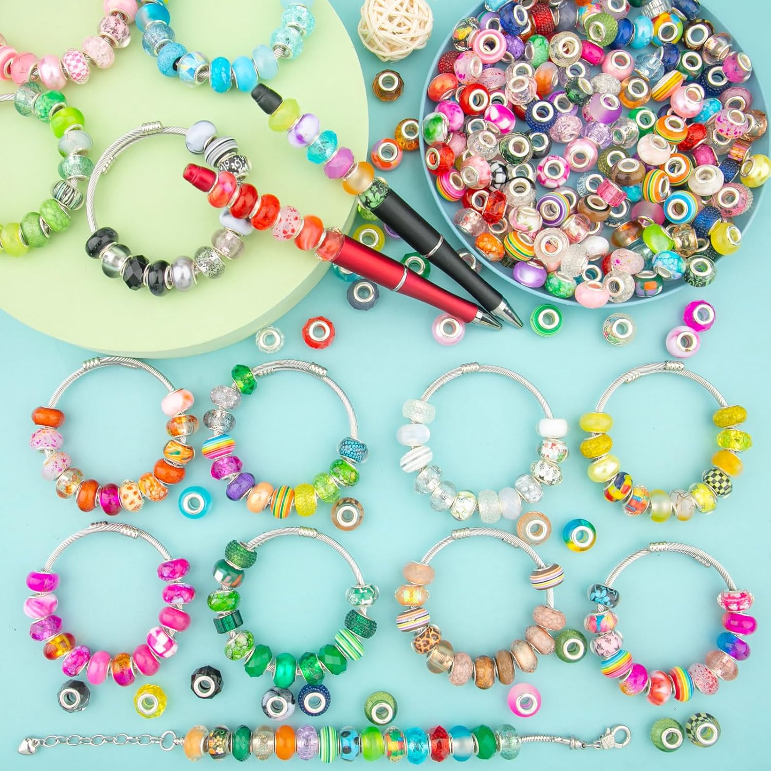 500 Pcs European Large Hole Beads, Assorted European Craft Beads Mixed Color Lampwork Spacer Beads Large Hole Fairy Garden Bead for DIY Charms Bracelet Necklace Earring Jewelry Making Supplies - Image 2