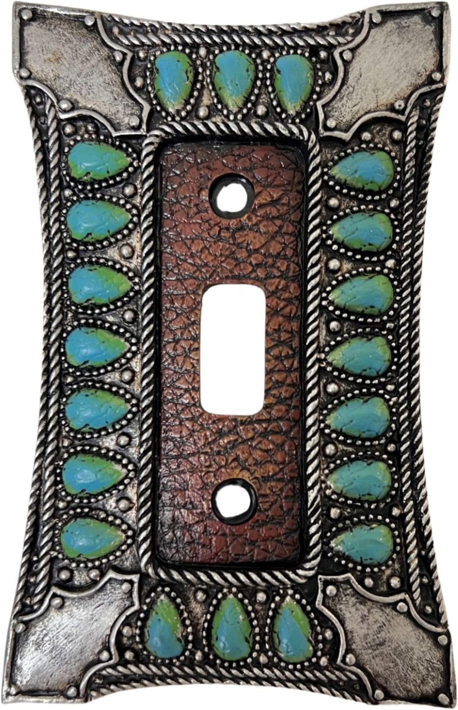 Single Toggle Switch Decorative Wall Plate - 1-Gang Light Switch Cover in Southwest Tooled Leather and Hand-Painted Faux Turquoise Gemstone Design - Soutwestern & Native American Inspired Home Decor