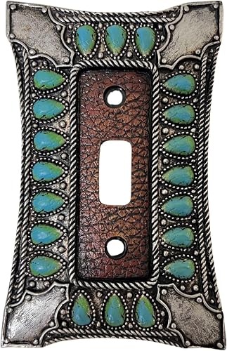 Single Toggle Switch Decorative Wall Plate - 1-Gang Light Switch Cover in Southwest Tooled Leather and Hand-Painted Faux Turquoise Gemstone Design - Soutwestern & Native American Inspired Home Decor