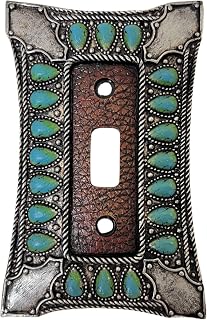 Single Toggle Switch Decorative Wall Plate - 1-Gang Light Switch Cover in Southwest Tooled Leather and Hand-Painted Faux Turquoise Gemstone Design - Soutwestern & Native American Inspired Home Decor