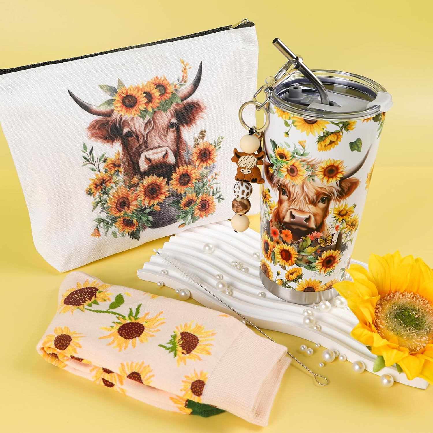 Keluna Highland Cow Gifts for Women - 4Pcs Sunflower Highlandcow Gift, 20oz Highland Cattle Tumbler with Lid Straw Cattle Makeup Bag Keychain Socks for Cow Lovers Girls Birthday Christmas Gifts - Image 2