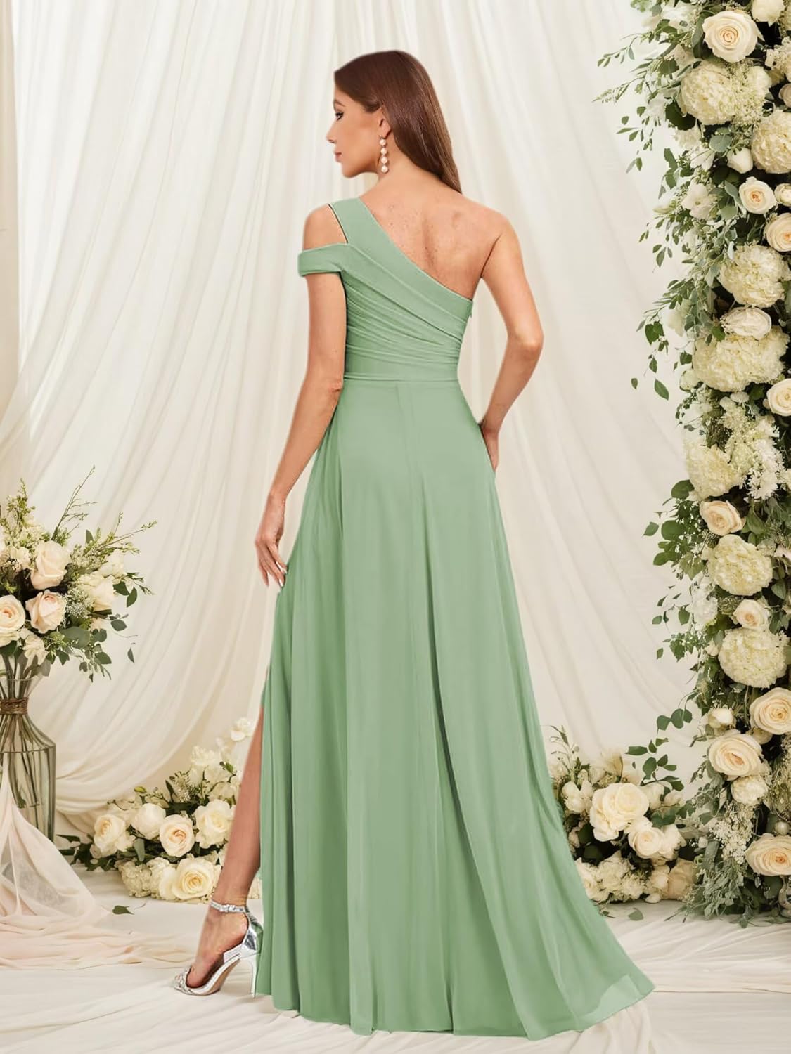 Fu Jiang One Shoulder Bridesmaid Dresses for Wedding with Slit Chiffon Pleated Long Formal Evening Dress