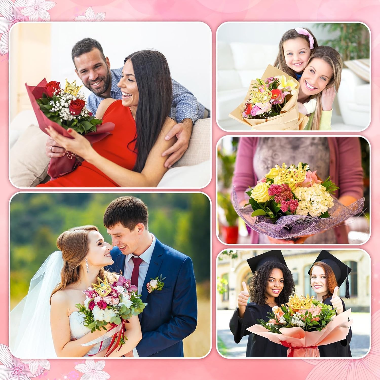 30 Pcs Crowns for Flower Bouquets, Gold Crown Cake Topper, Mini Crown for Flower Bouquet, Pearl Tiara Princess Gold Crown for Wedding Baby Shower Birthday Mothers Day Graduation Party Decor 3 Style