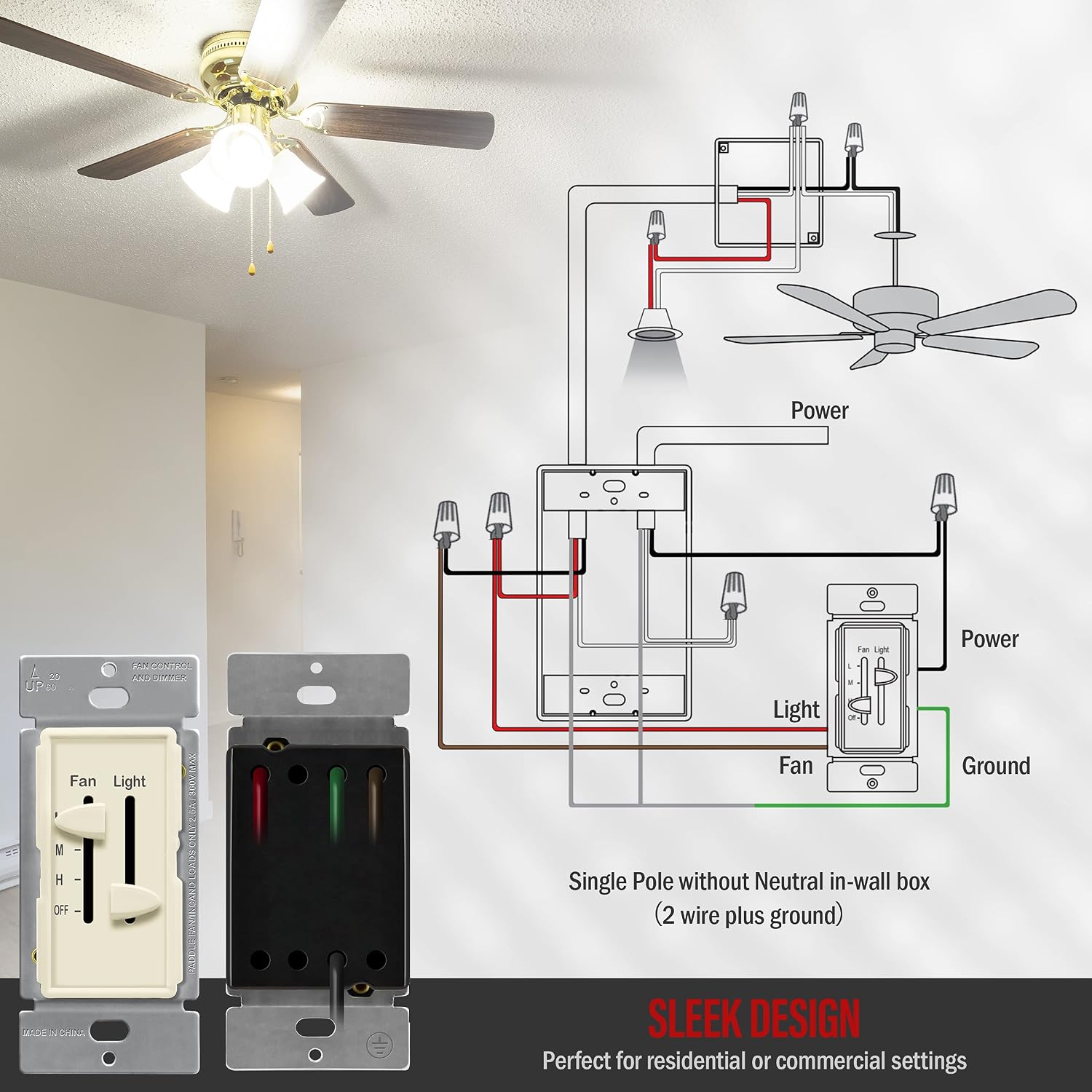 ENERLITES 3 Speed Ceiling Fan Control and LED Dimmer Light Switch, Light and Fan Combination Switch, Single Pole, 2.5A, 300W Incandescent, No Neutral Wire Required, 17001-F3-LA-F, Light Almond