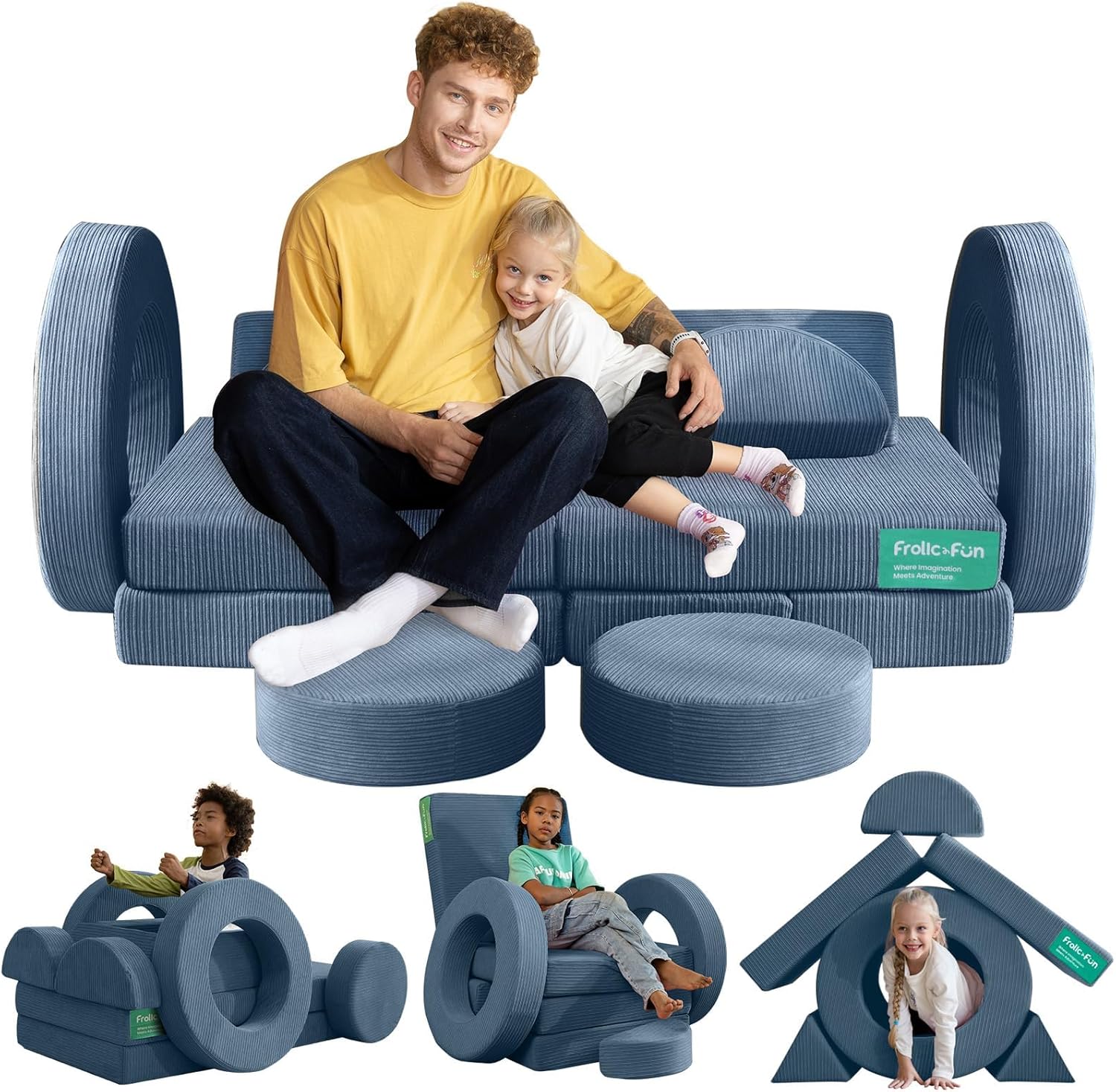 Frolic & Fun 16Pcs Modular Kids Play Couch for Toddlers, Fold Out Kids Couch Building Fort for Playroom Bedroom, Kid Convertible Explorer Sofa Cushions for Boys & Girls Grey