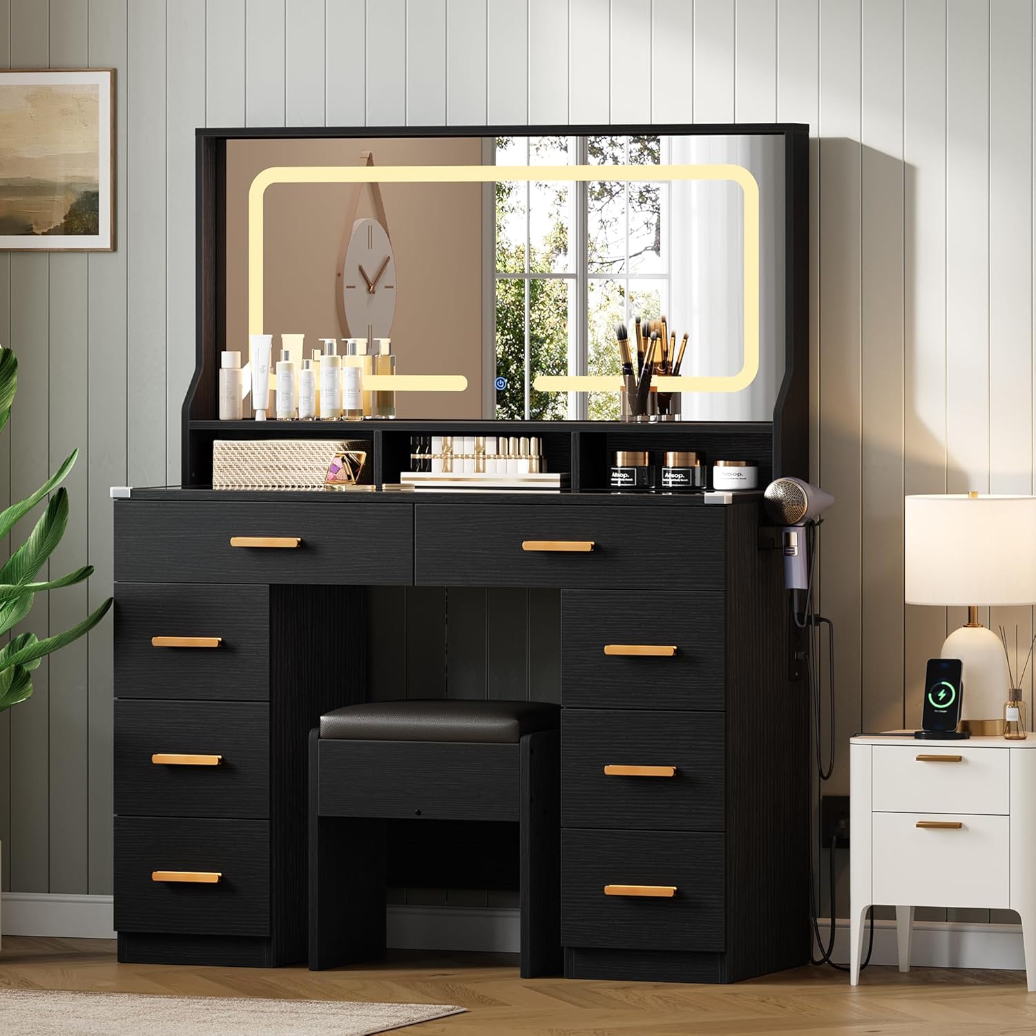 GarveeHome Makeup Vanity Desk with LED Mirror & Charging Station, 42" Dressing Table with Cushioned Stool, Glass Top & 8 Drawers & Hairdryer Rack, for Modern Bedroom Dressing Room, Black