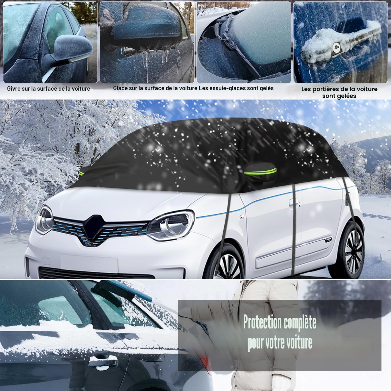Demi-Couverture de Toit Compatible avec Renault Twingo 1993-2024 | Noir Demi Bache Voiture Exterieur avec Rrochets Ajustables et Oreillettes à Bandes Réfléchissantes