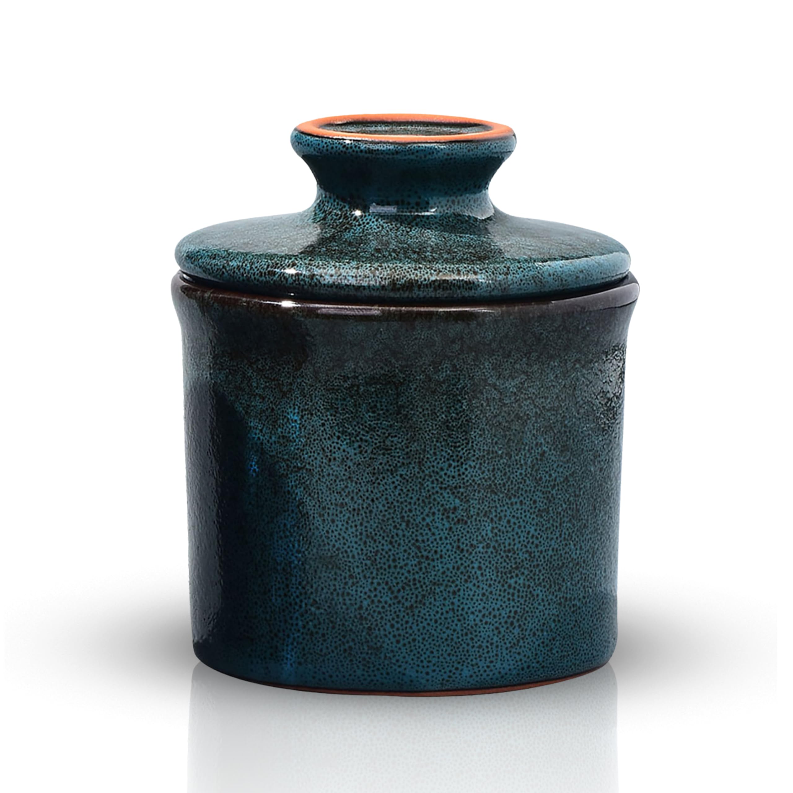 Teapeak Pottery Butter Keeper Crock - Ceramic Butter Dish with Water Line for Countertop, Keep Butter Fresh, Blue