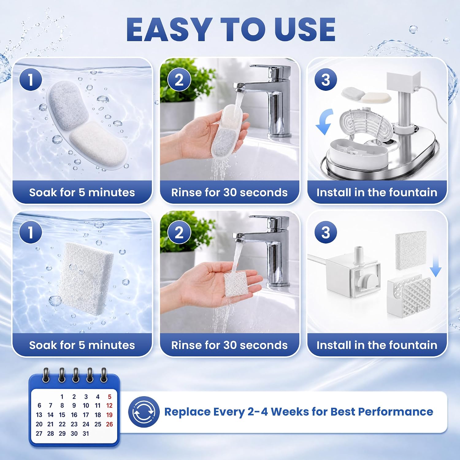 Enhon 32 Pack Cat Water Fountain Filters Compatible with Petlipo 2.5L 85oz | 16 Filters + 16 Foam Sponges, Multi Layer Filtration with Activated Carbon & Resin, Replace Every 2-4 Weeks