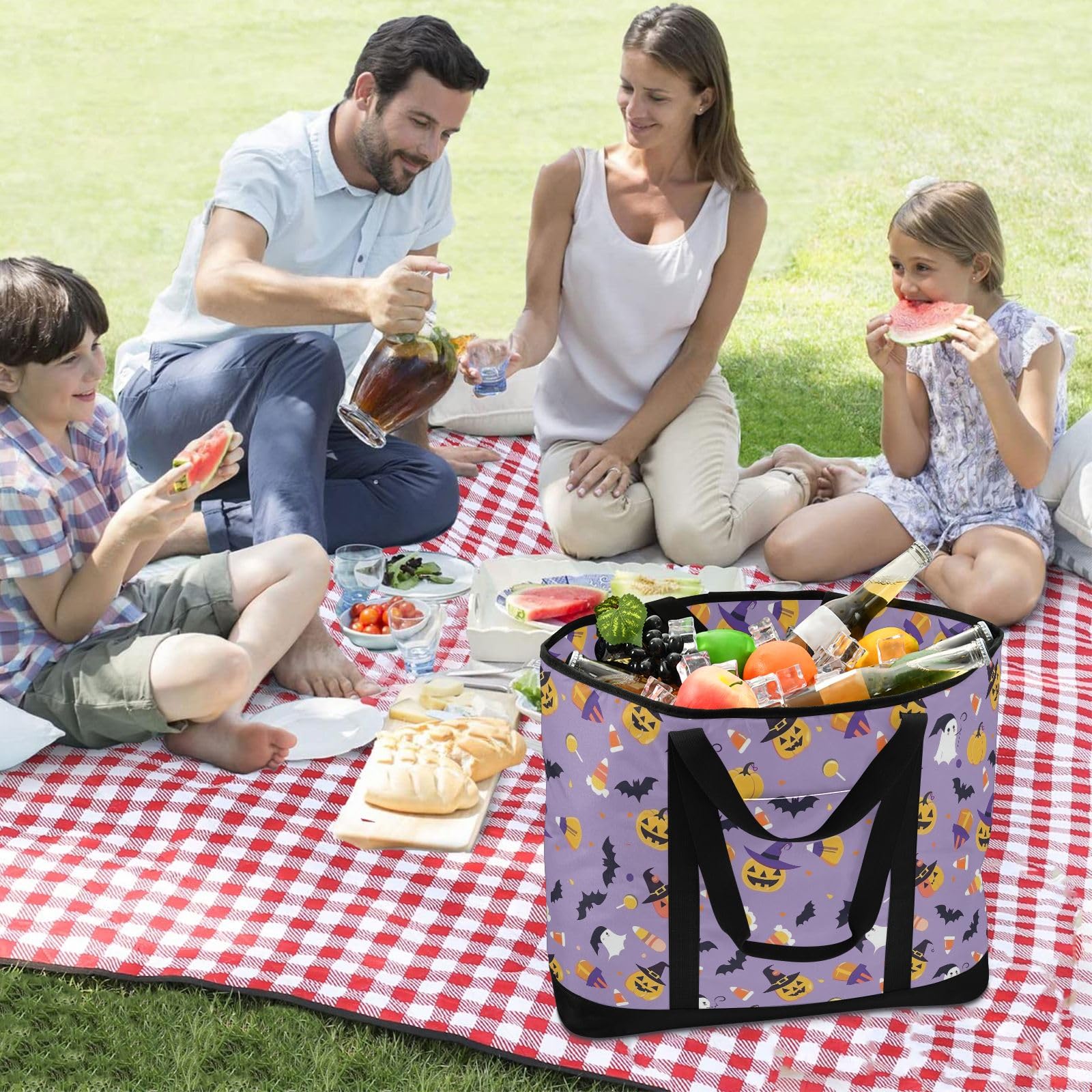 Bonita bolsa térmica aislada con patrón de Halloween, bolsas de compras reutilizables con cremallera, bolsa térmica grande portátil para viajes o camping