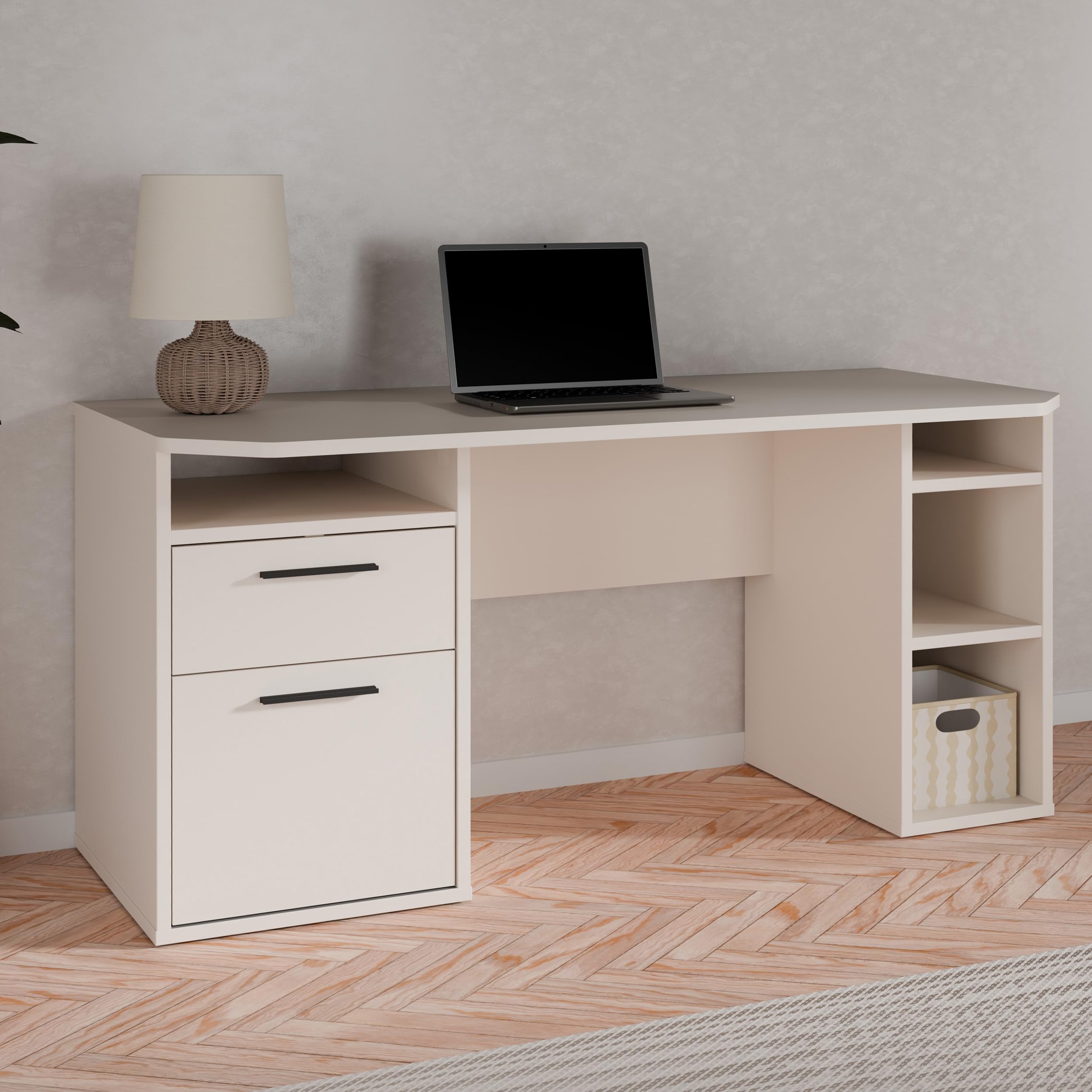 Forte TEZAUR Schreibtisch 160, moderner Schreibtisch mit Schublade, Tür und vielen Fächern, Jugendzimmer, Büro, Holzwerkstoff, Kaschmir Beige, 160 cm breit x 75,7 cm hoch x 72 cm tief