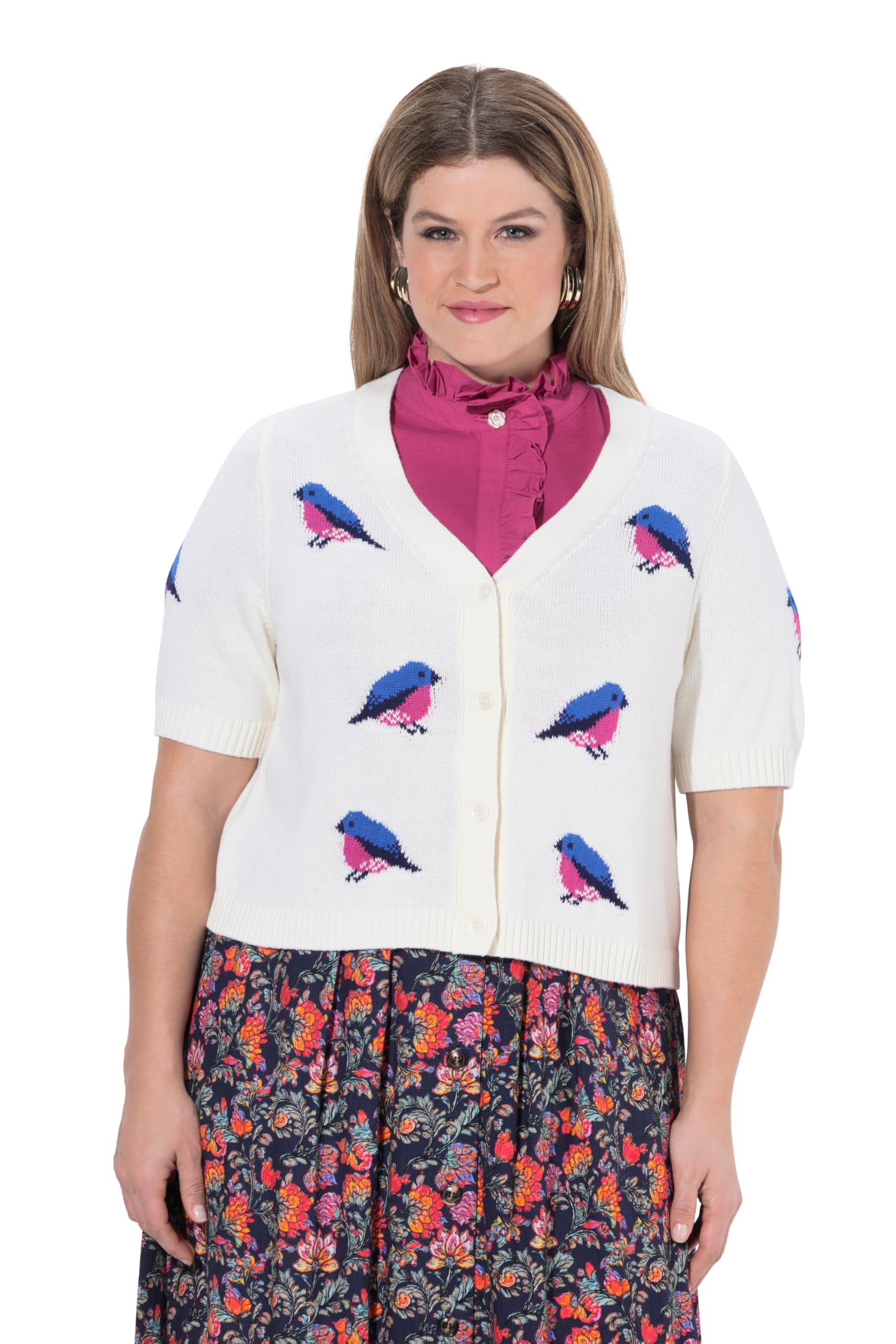 Ulla Popken Damen große Größen Übergrößen Plus Size Strickjacke, Vögel, V-Ausschnitt, Halbarm 849584