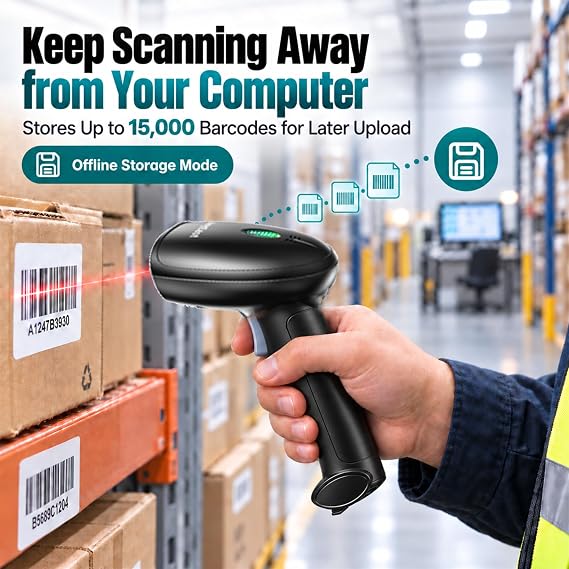 Bluetooth Barcode Scanner, 1D 2D Wireless Reader Scanner with Stand