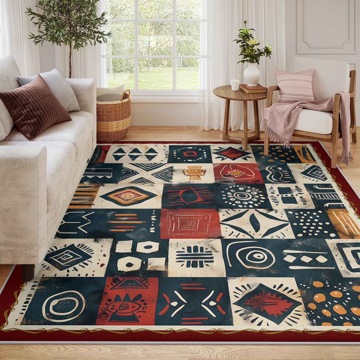 Tapis tribal primitif au design patchwork géométrique abstrait pour séjour 160x230