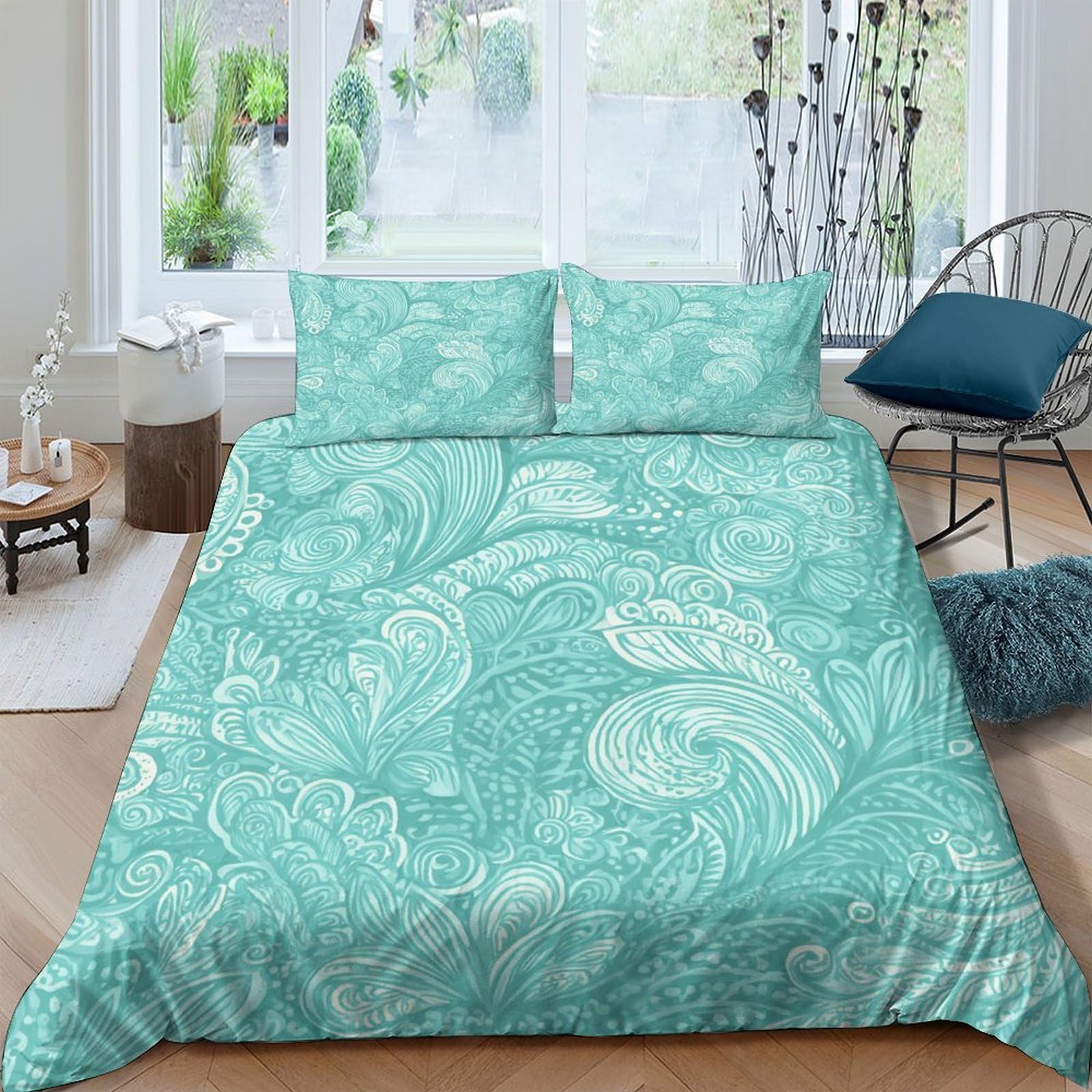Ctjqhvkz Style-7 3D Printed Aqua Swirl Fitted Sheet Microfiber Soft Breathable Leaf Pattern Mattress Cover For Bedroom Guest Room Decor Single（135X200cm）
