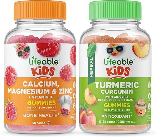 Lifeable Calcio, magnesio y zinc para niños + curcumina de cúrcuma para niños, paquete de gomitas de gran sabor, suplemento vitamínico, sin gluten,