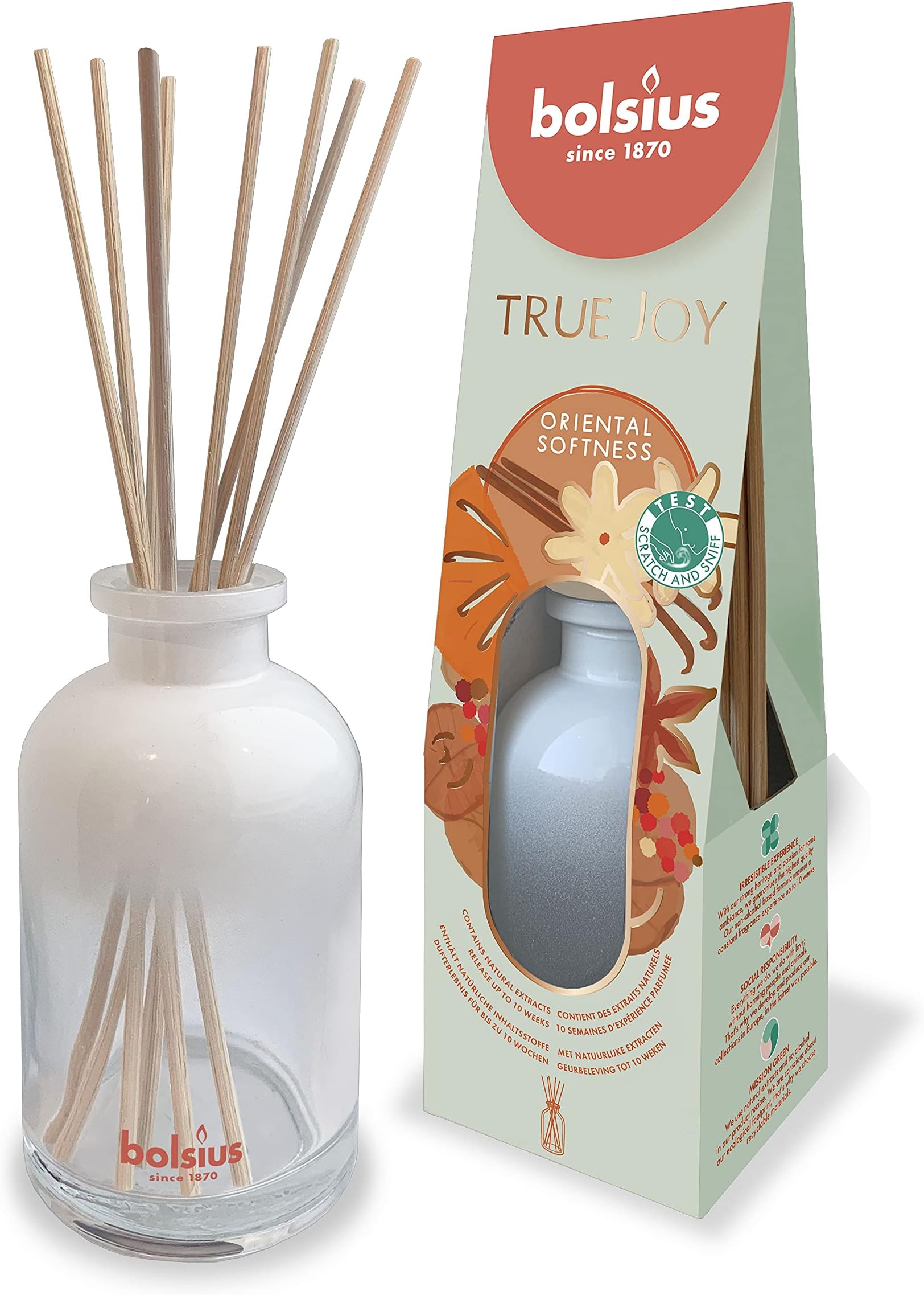 BOLSIUSReed Diffuser - True Joy - Oriental Softness - Lasts for up to 10 Weeks - Natural Extracts - No Alcohol Formula - Transparent - Recyclable Glass - 80 ml