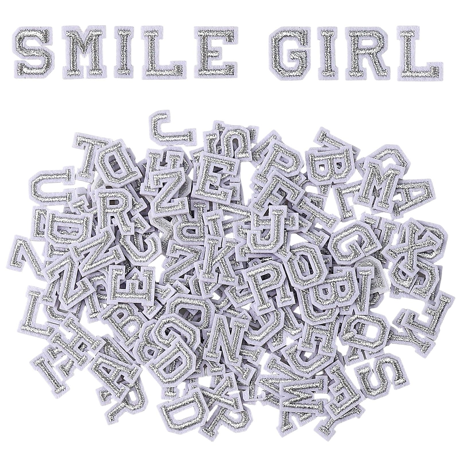 130Pcs Silver Iron on Letter Patches, 5 Sets of 26 Letters A-Z Embroidered Applique Patches Iron/Sew on Alphabet Patch DIY Accessories for Clothes Backpacks Hat Pants Jacket Socks