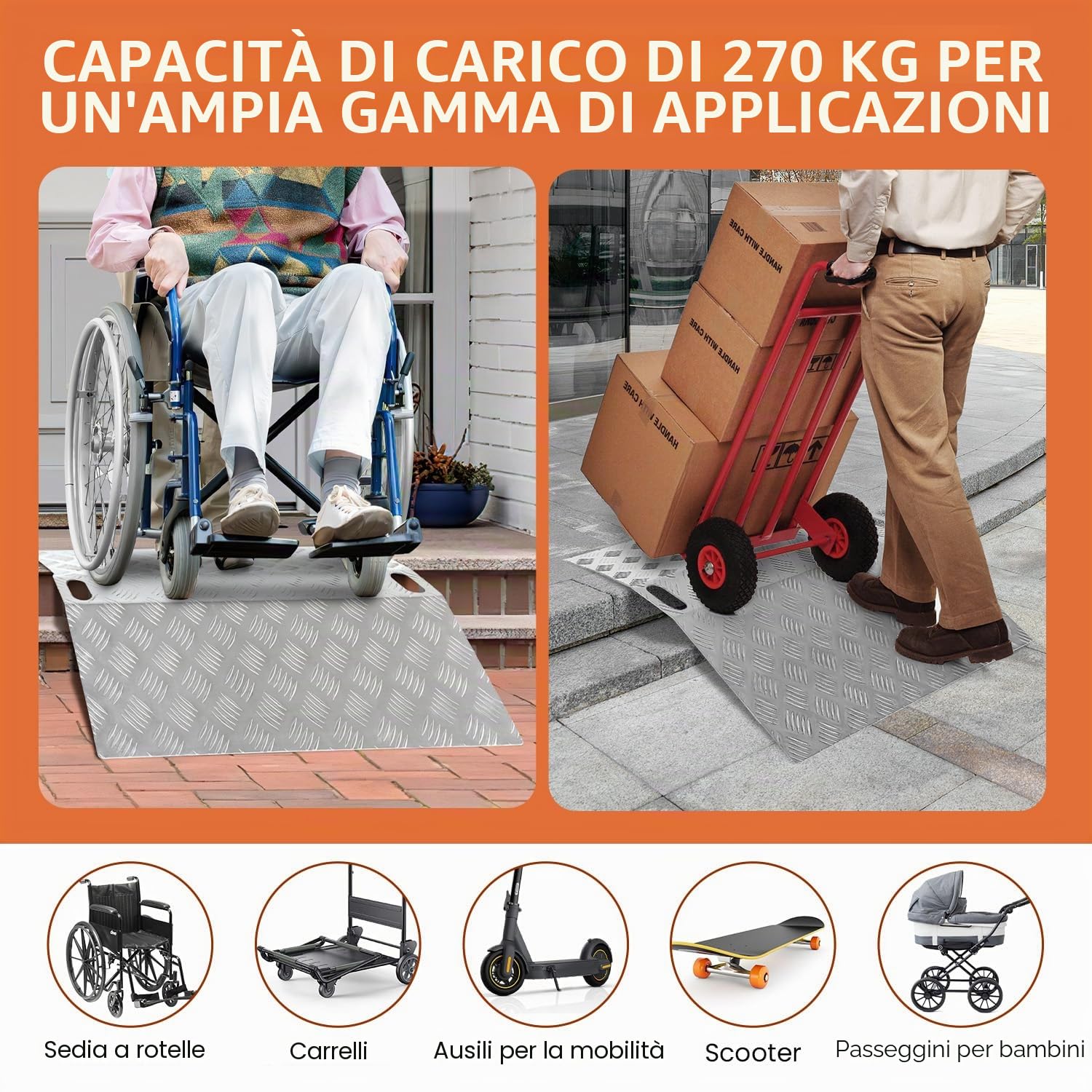Rampa per soglia della porta, per sedia a rotelle, rampa per soglia, rampa di accesso, rampa a ponte per sedia a rotelle, ponte per soglia, rampa a ponte, rampa per sedia a rotelle in