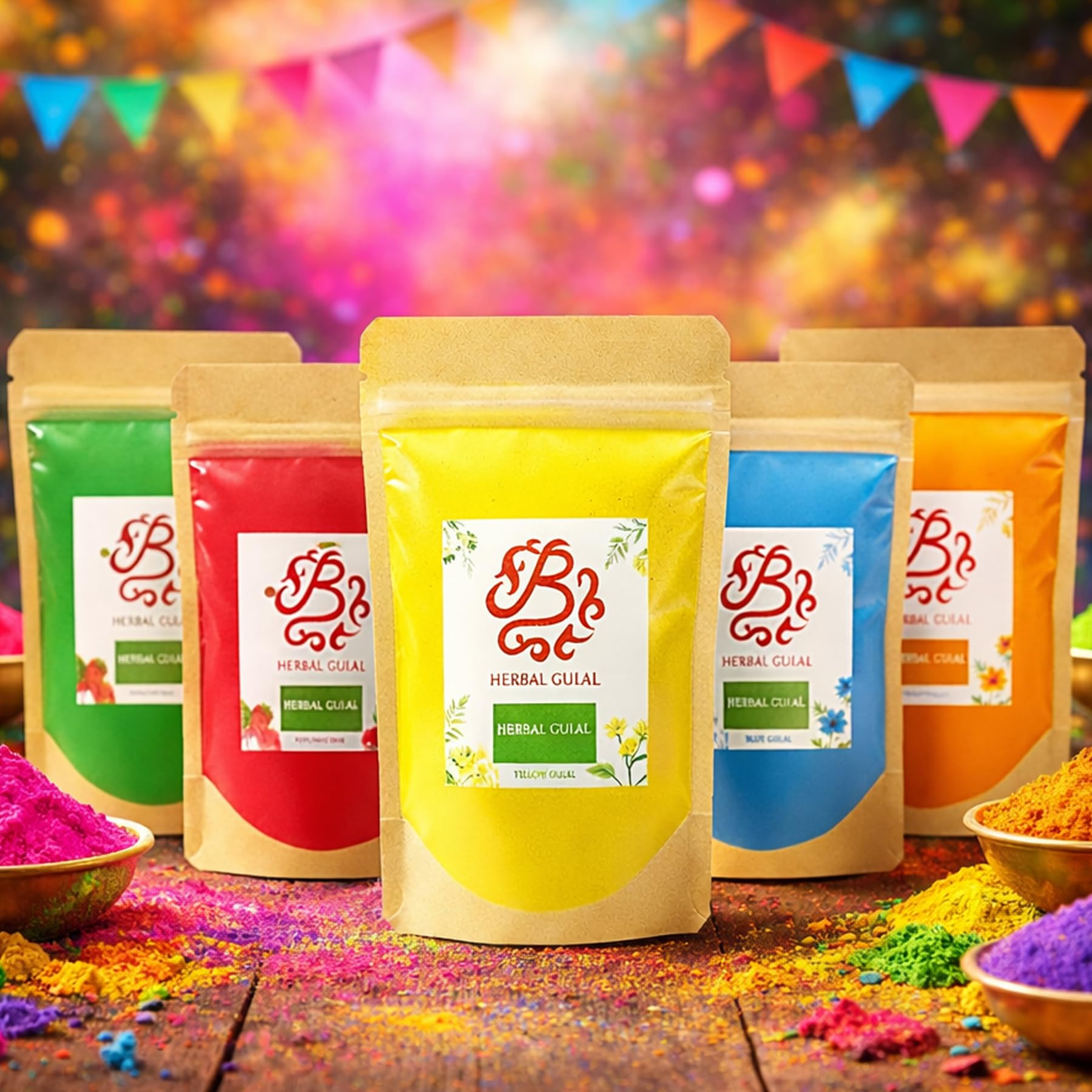BENAVJI Holi Colours Holi Colours for Kids Family Men Women Natural Holi Colour Organic Holi Decoration Items Holi Gulal Pack of 5, 80g Each