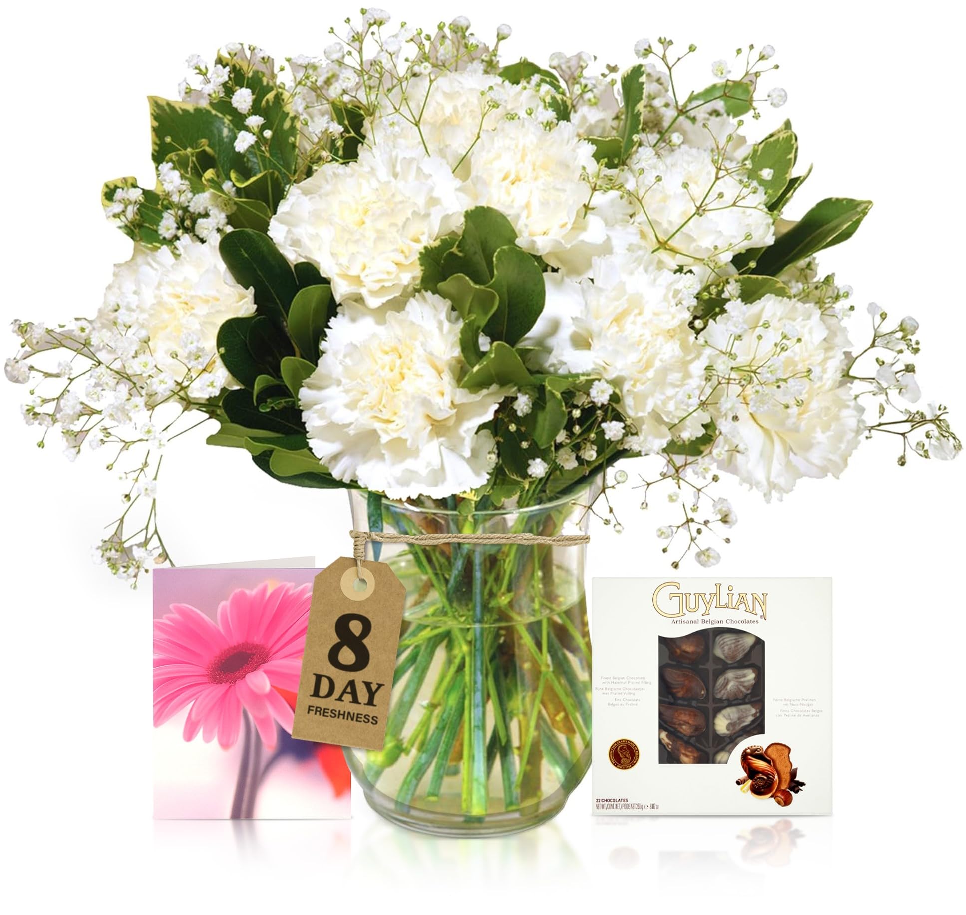 Sendabunch White Carnation Bouquet, 18 Fresh Stems | Luxury Flowers with Greenery, Belgian Chocolates & Gift Message Card