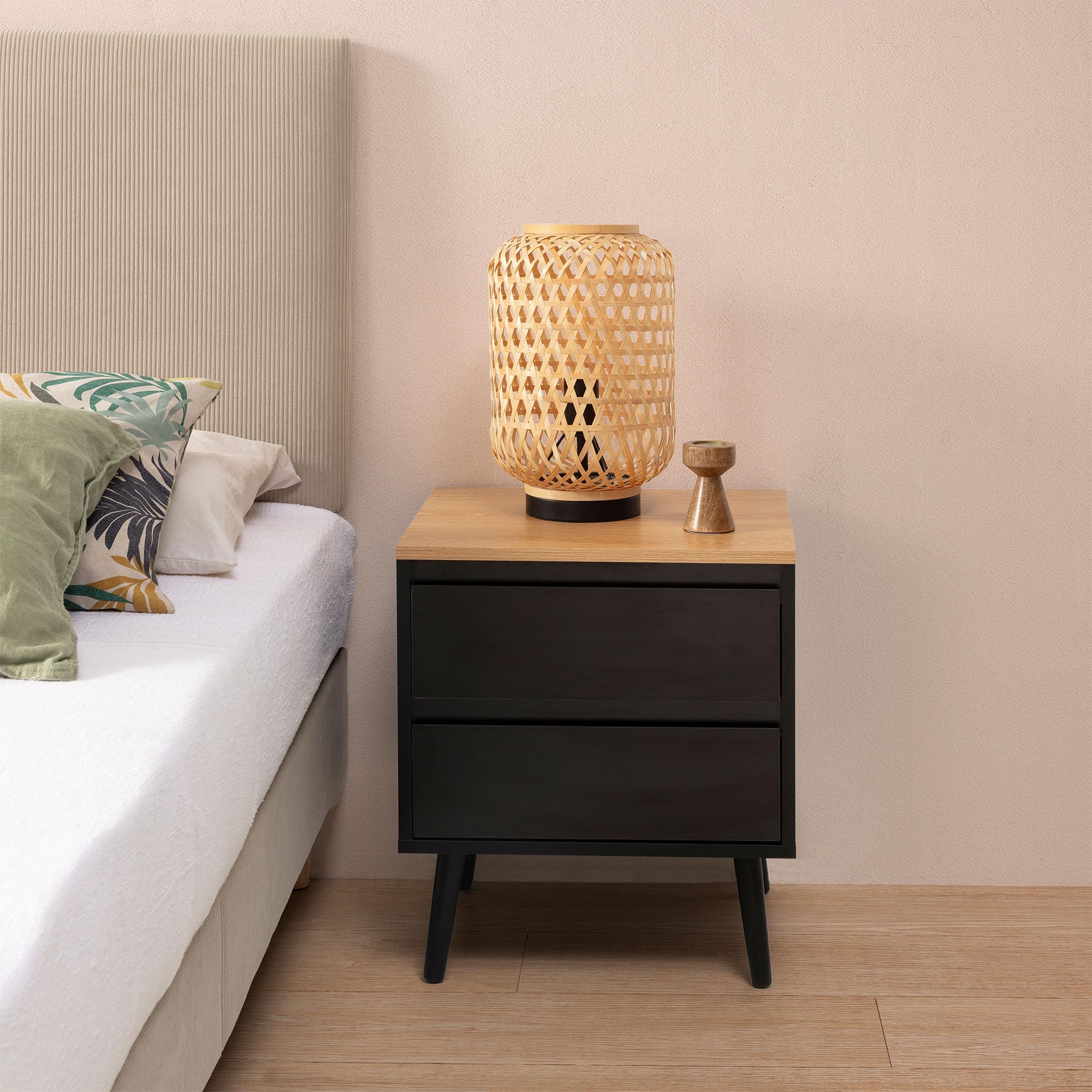 HOMN LIVING Mesita de Noche Desi 2 cajones Color Negro, 45 cm (Ancho) 40 cm (Profundo) 50 cm (Altura)