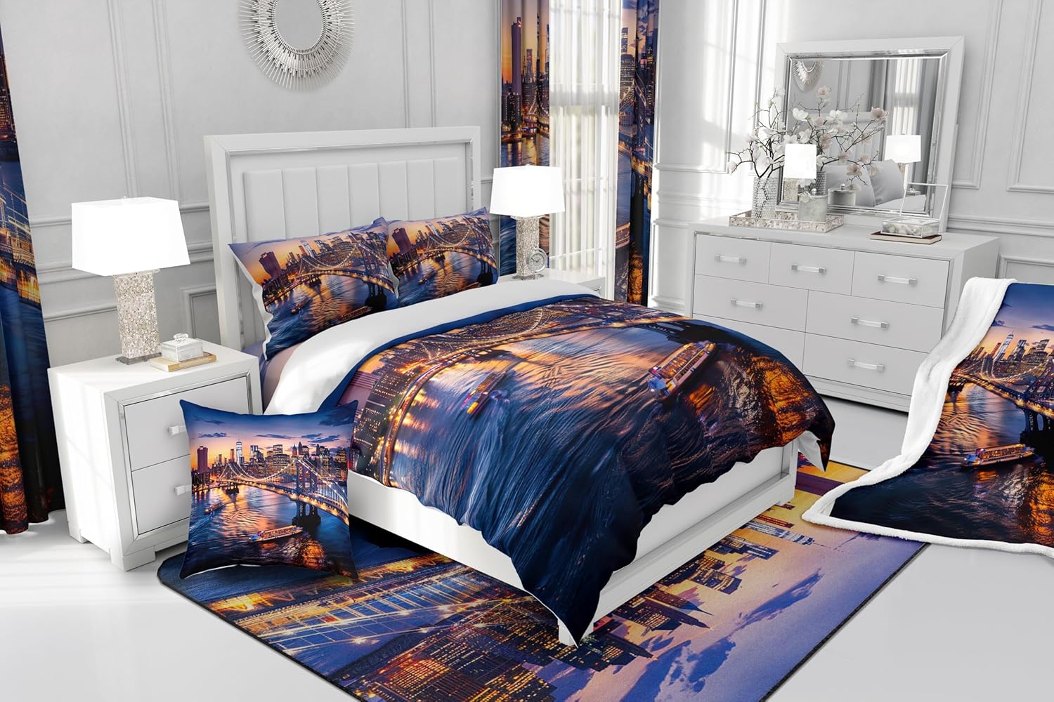 New York City Bedding Set City Landscape Duvet Cover Queen Size,Manhattan Skyline Comforter Cover Bridge Sunset Scenery Quilt Cover City Lights Bedroom Decor for Child Kids Teens