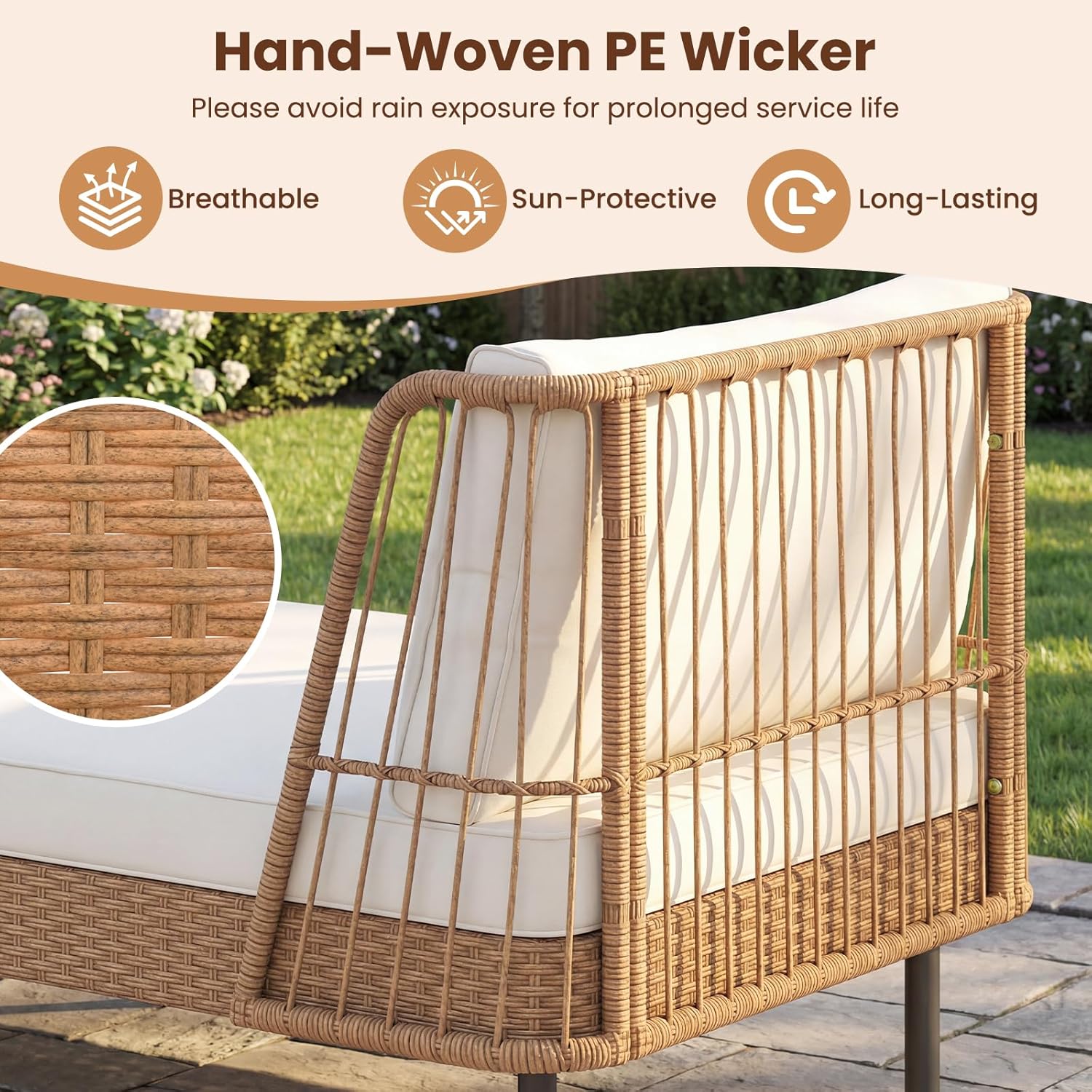 HAPPYGRILL Outdoor Wicker Daybed, Rattan Patio Couch Sofa Bed with Armrests, Cushions & Pillows, Boho 2-Seater Lounge for Porch, Backyard, Garden, Poolside (2)
