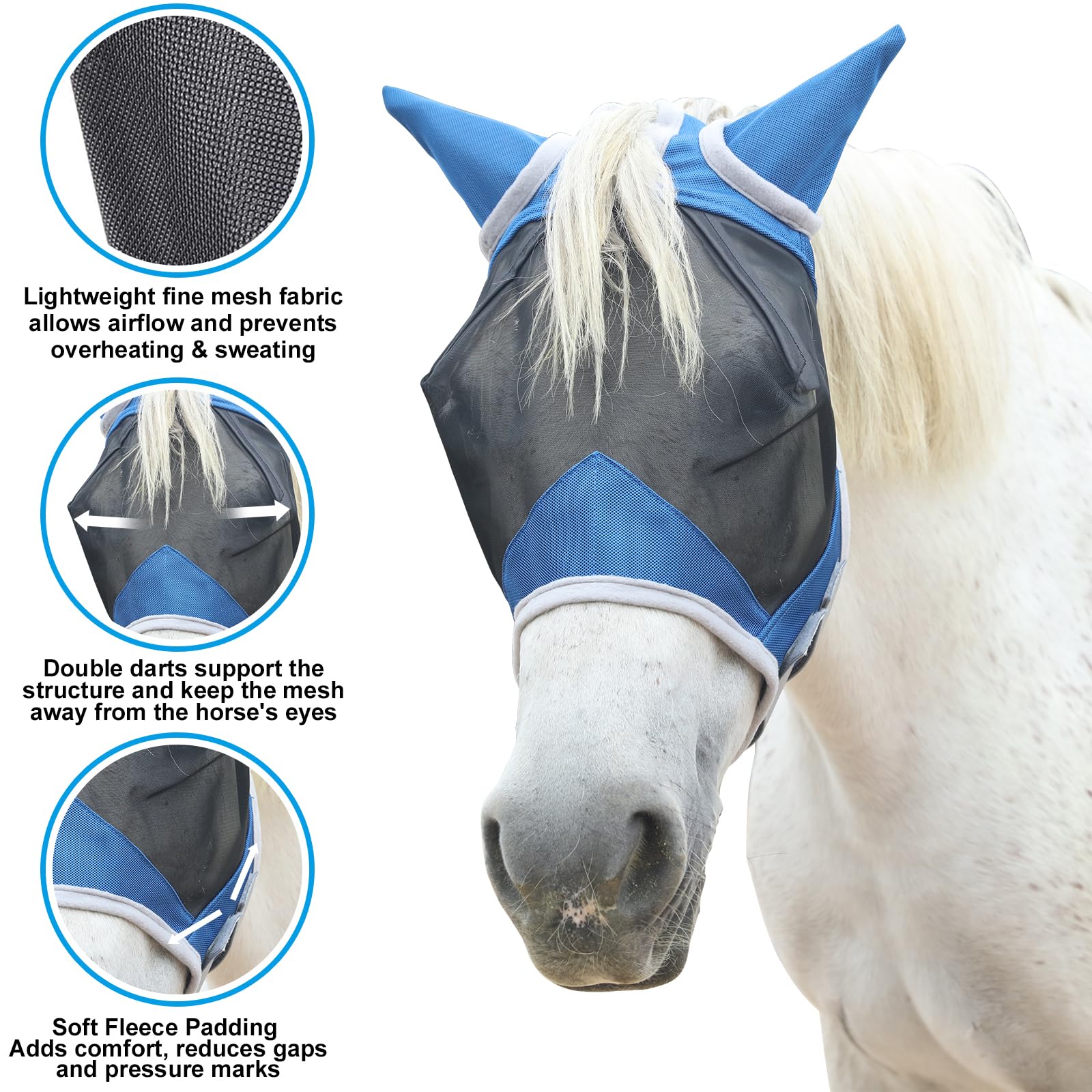 Horse Fly Mask with Ears Cover | Forelock Opening for Tangle-Free Mane Care | UV Protection & Breathable Mesh | No Rub Fit and Enhanced Visbility for Trail Riding RoyalBlue Full