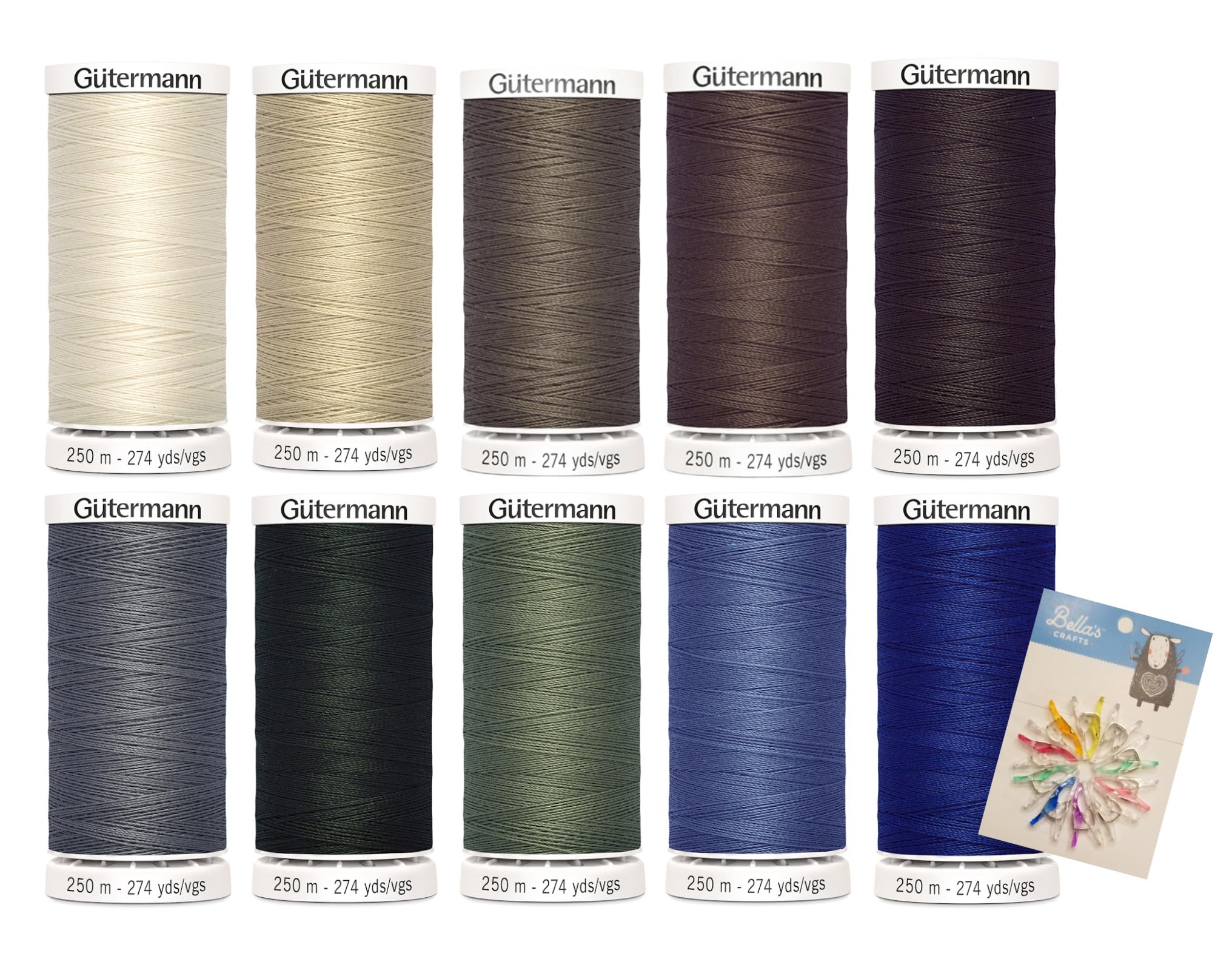 Gutermann Sew-All Hilo de 274 yardas, paquete de 10 unidades con mini clips de costura Bella's Crafts (mezcla de tonos tierra)